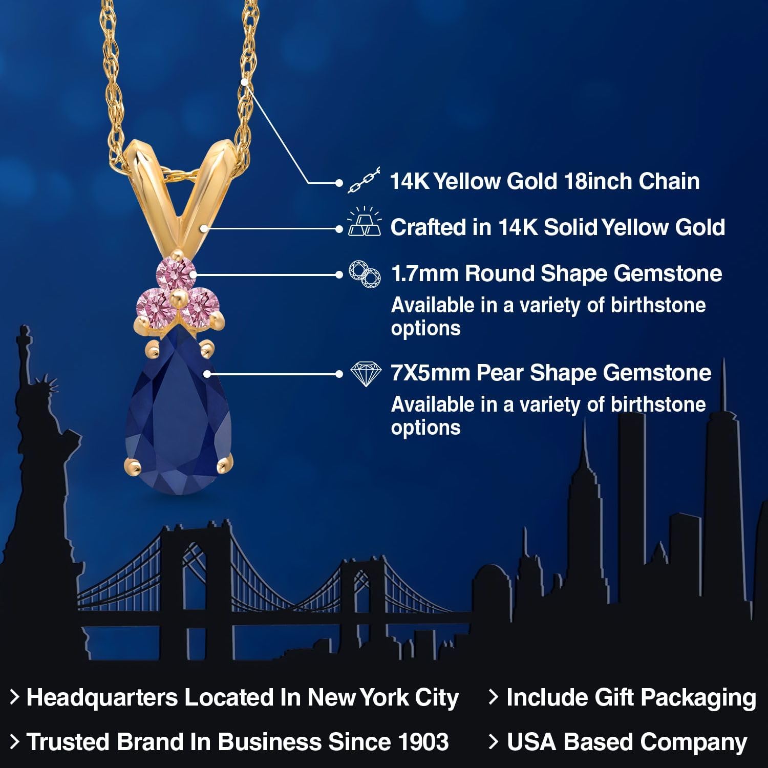 Gem Stone King 14K Yellow Gold Blue Sapphire and Pink Lab Grown Diamond Pendant Necklace for Women | 0.95 Cttw | Gemstone September Birthstone | Pear Shape 7X5MM | With 18 Inch Chain - Image 2