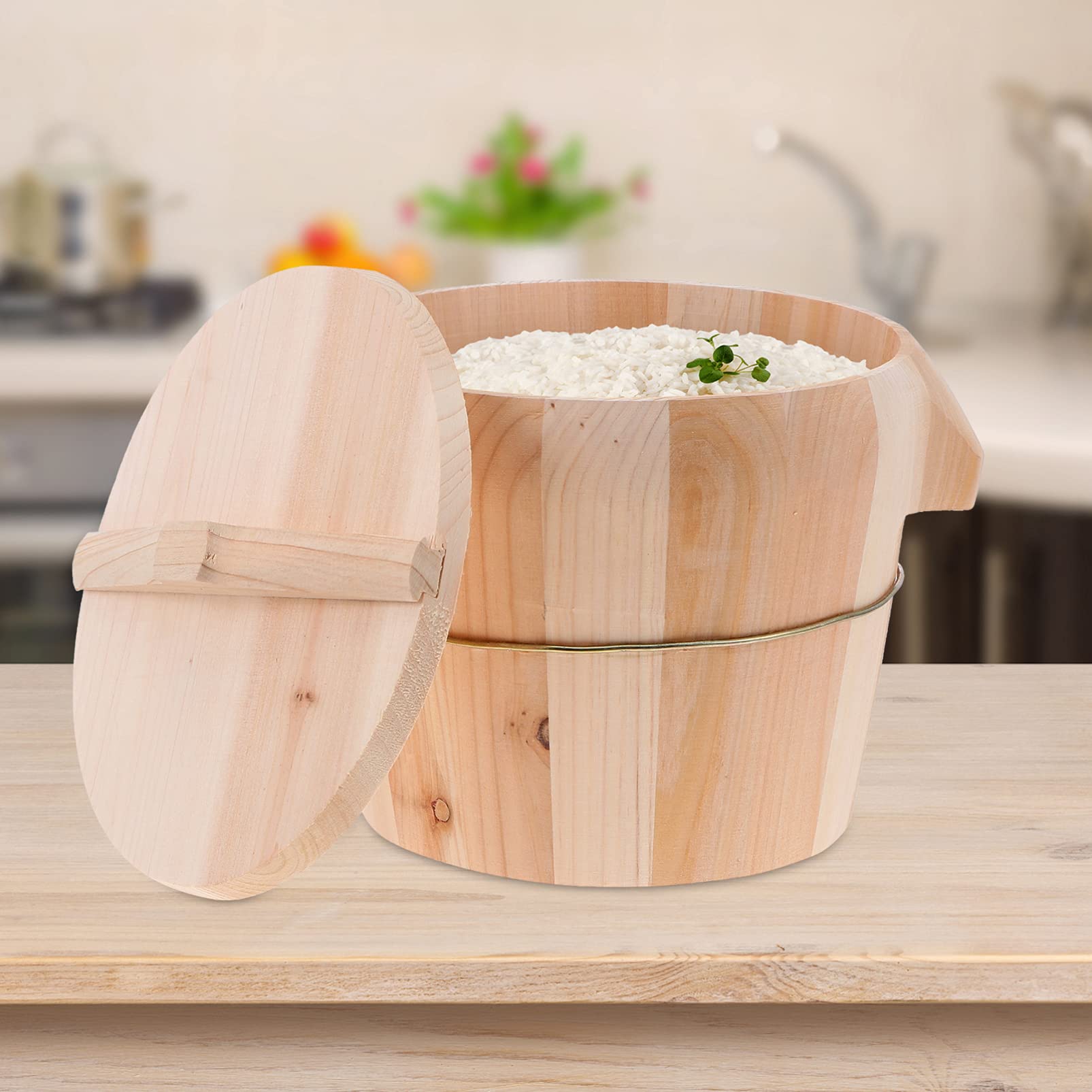 OUNONA Secchio per Riso al Vapore in Legno di Cedro Beige con Manico Laterale e Coperchio, Design Anti-scottatura e Fondo Mobile per Cucina Domestica