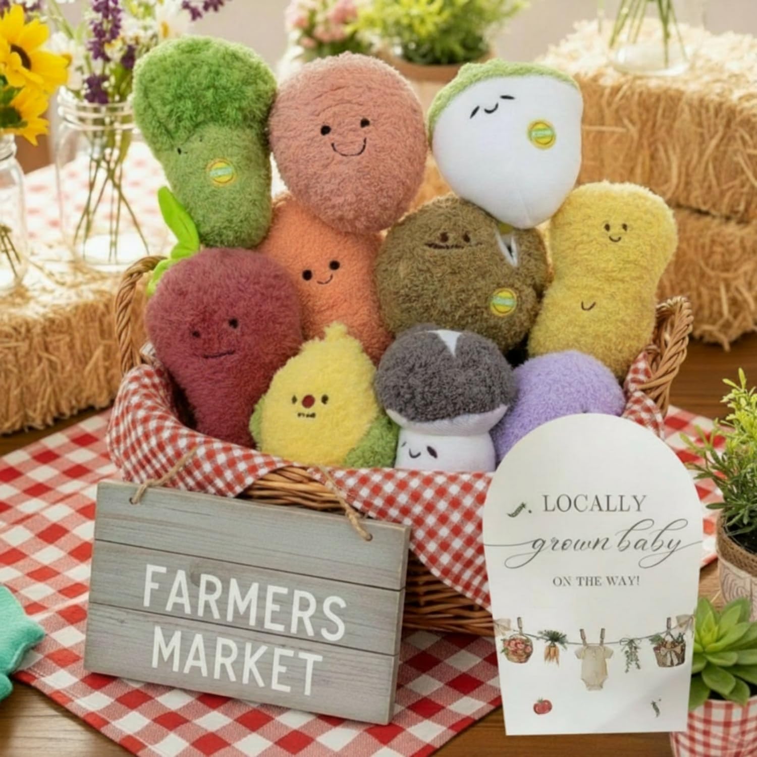 10 Pcs Locally Grown Baby Shower Vegetable Plush with Wooden Sign Cute Vegetable for Home Baby Shower Birthday Party Decoration Gift Wedding Souvenir Supplies