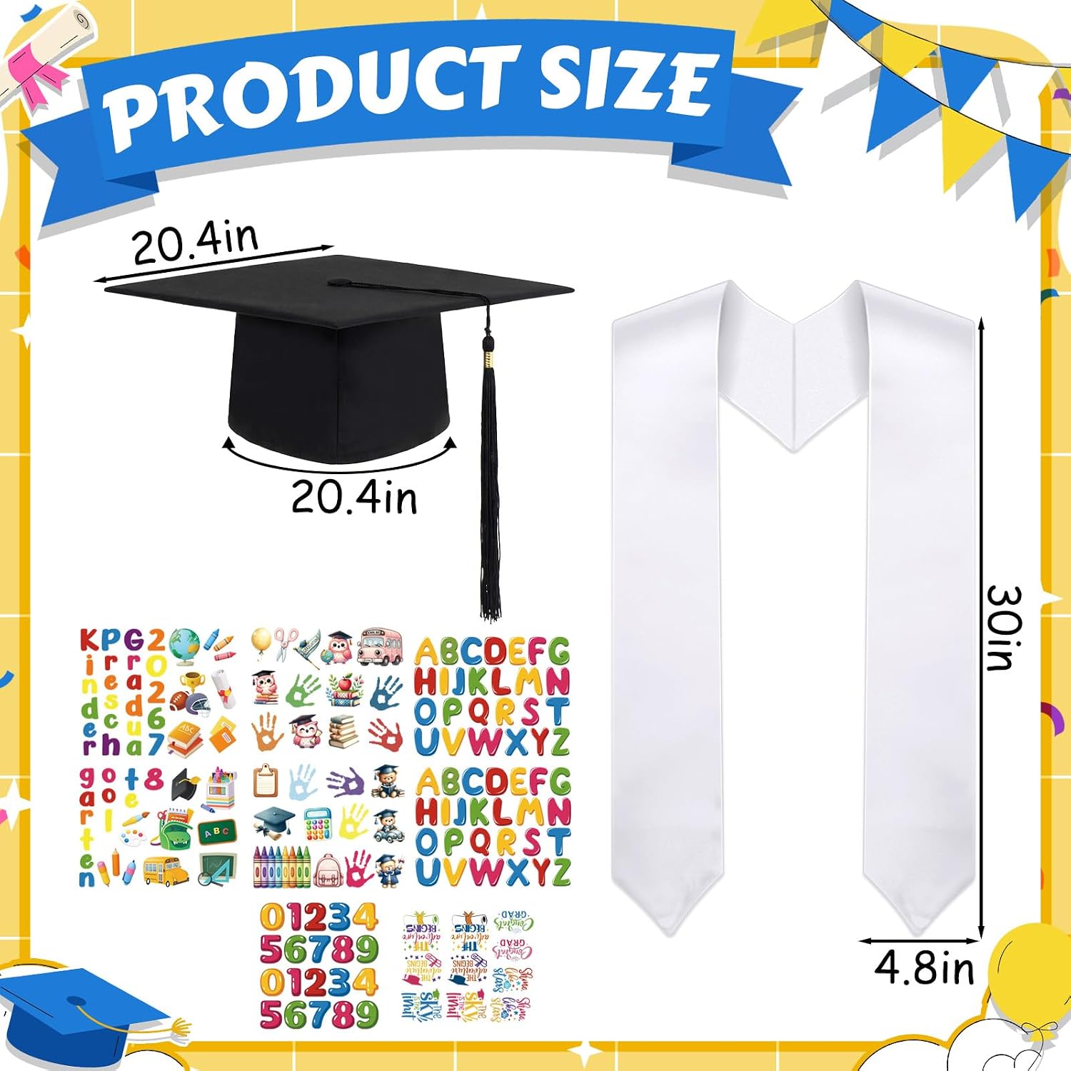Spakon 2026 Kindergarten Graduation Cap and Stole Set, Graduation Sash with Tassel Iron on Letter Kit for Kindergarten Preschool Graduate(White)