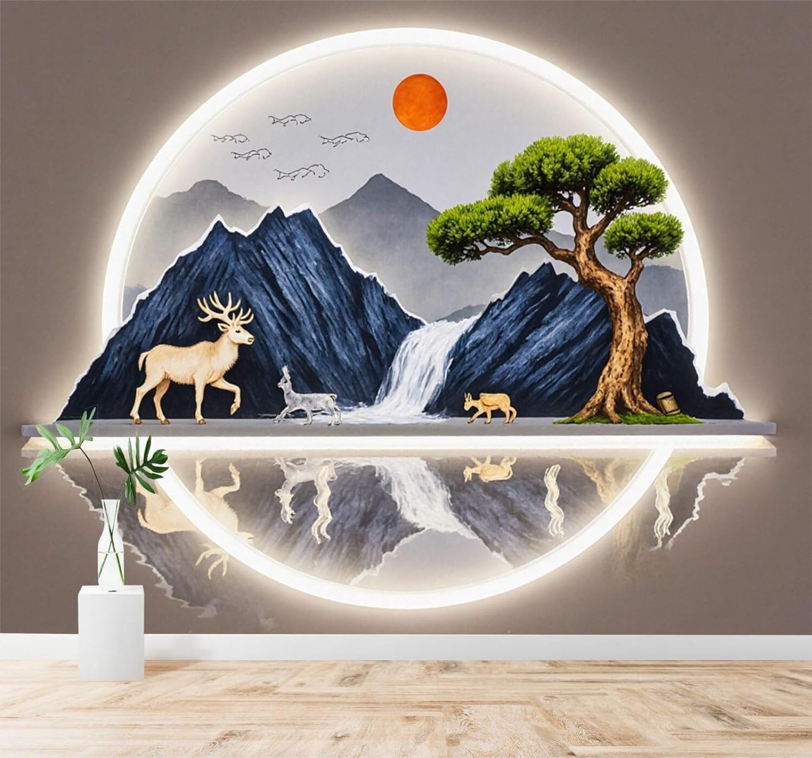 XLMING Deer Mountain Scenery Waterfall Trees Sunset Reflection 3D Wallpaper Premium Textured Silk Study Dining Living Room Bedroom Sofa TV Wall Easy Install-350cm×256cm