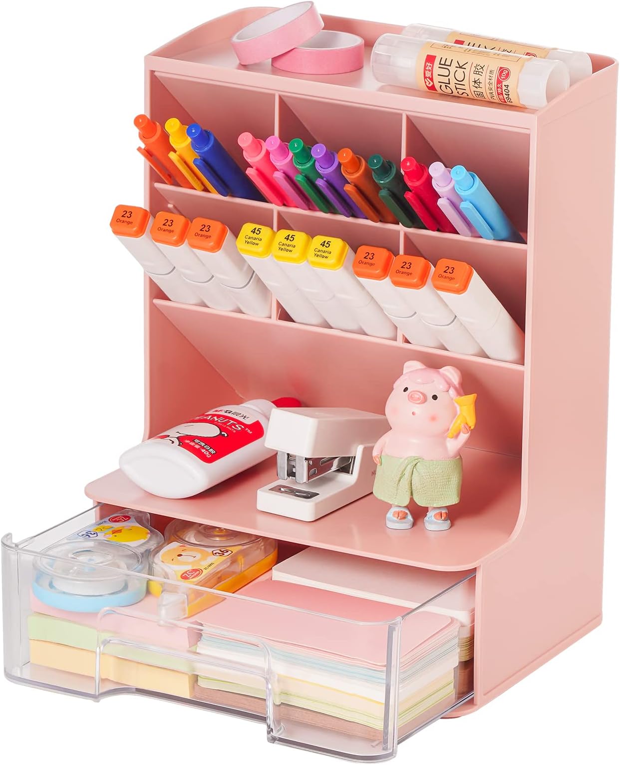 Marbrasse Pink Modern Desk Organizer with Drawer, 6-Compartment Pen Holder, Plastic Desktop Stationary Organizer, Rust Resistant, Suction Mount & Tabletop Mount, Unisex, Red