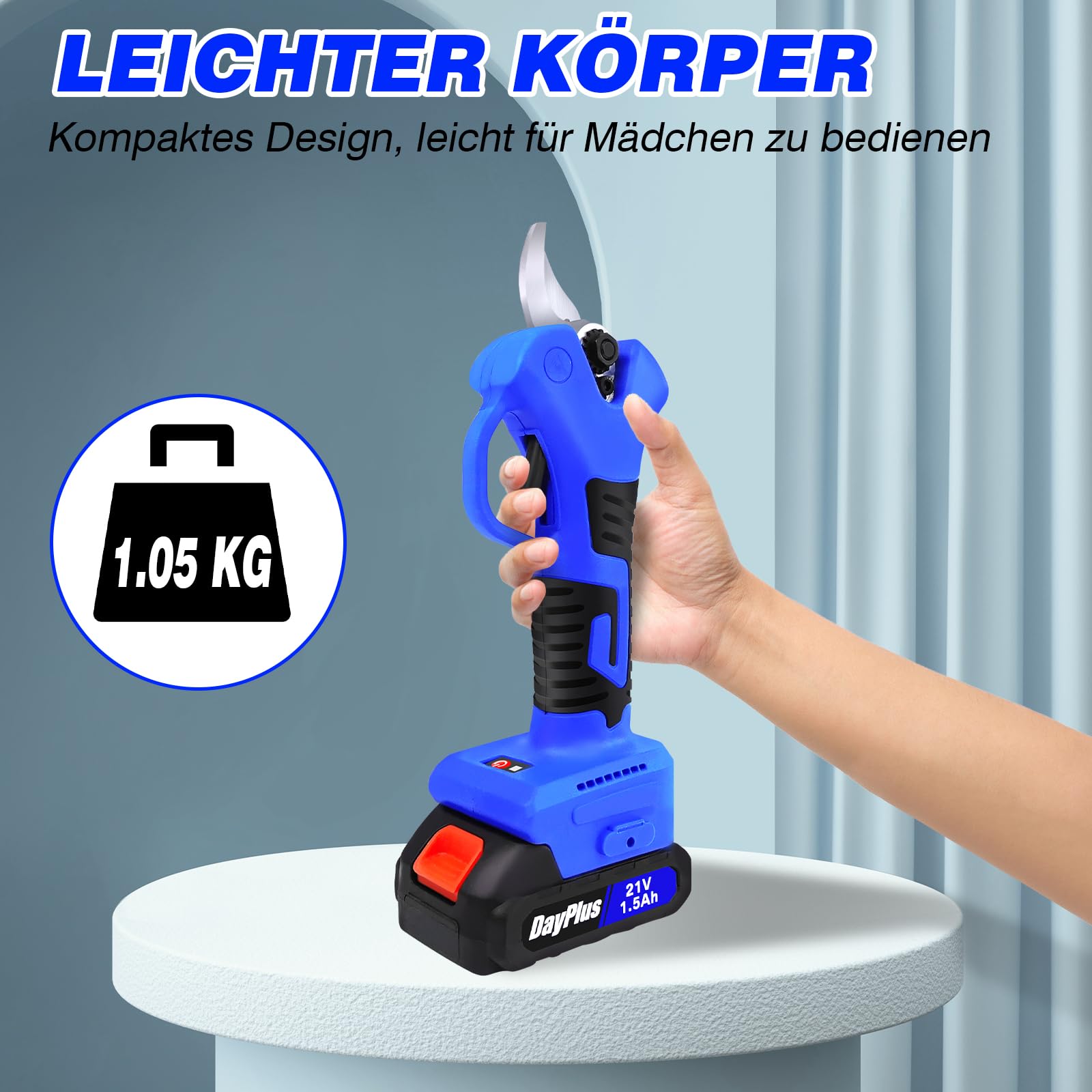Tijeras de podar eléctricas con motor sin escobillas, tijeras de podar eléctricas de 21 V, cortador de ramas eléctrico con 2 baterías y cargador, 25 mm (0,98 pulgadas), diámetro máximo de corte (azul)