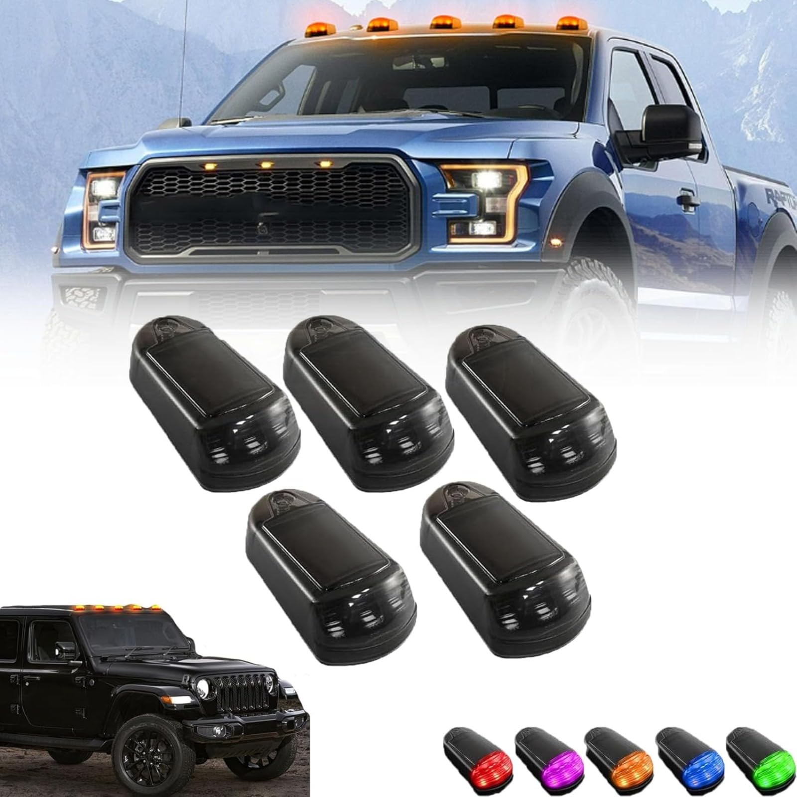Solar Powered Cab Lights for Truck - No Drill Wireless LED Roof Lights, 7 Colors, Black Transparent (5pcs)