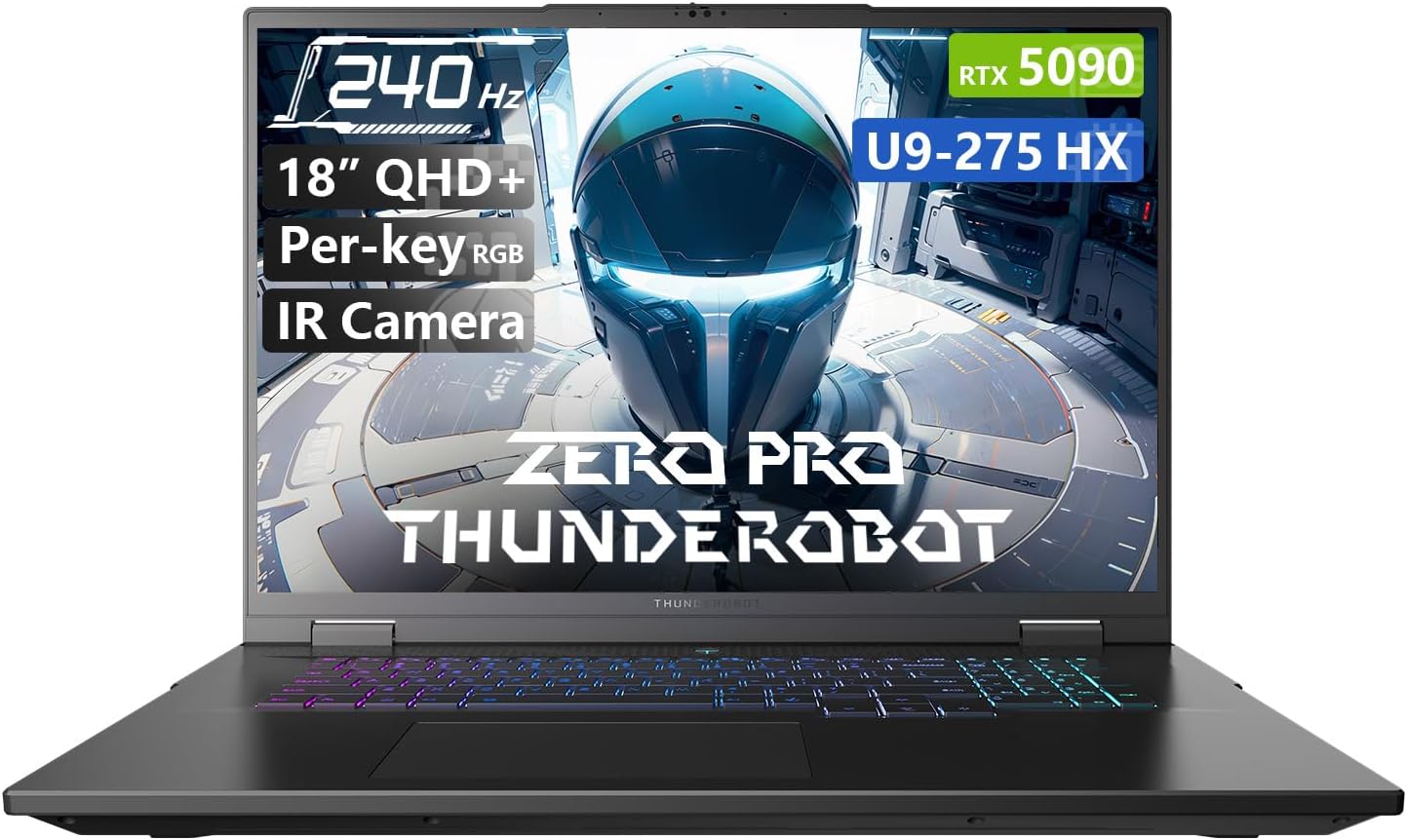 Thunderobot Zero 18 Pro 5090 Gaming Laptop with RGB keyboard and screen displaying specifications