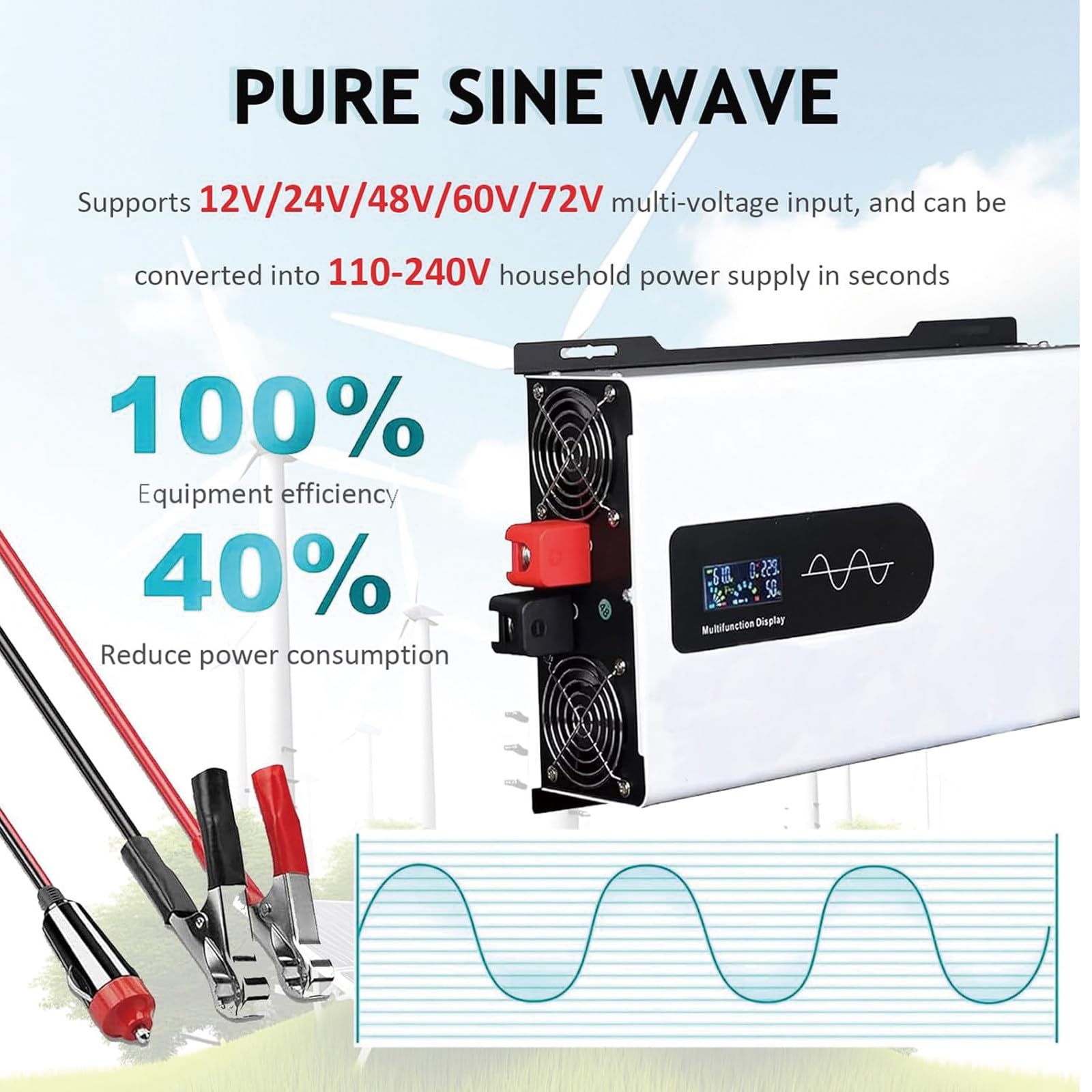 Inverter Onda Pura, Inverter per Camper, Inverter Ibrido, DC12V-48V, AC 110V-220V, 5000W-10000W, con Display LCD, per Accumulo Energia Domestica e Campeggio 12V5000W