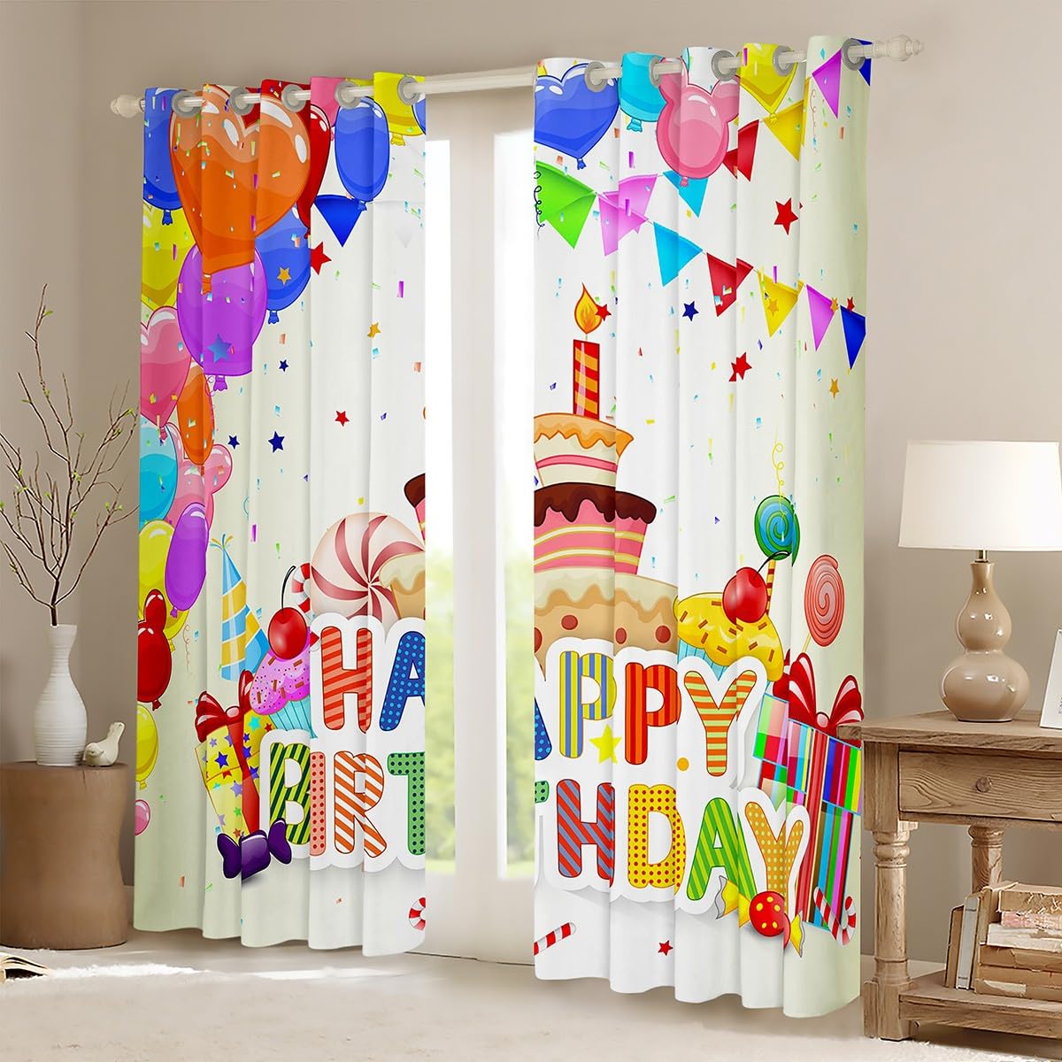 Zasłony tematyczne Happy Birthday do sypialni salonu dziewczyny dzieci szer. 46 x dł. 54 nadruk balonowy 30%-50% zasłony zaciemniające ciasto kolorowe zasłony okienne białe dekoracje okienne