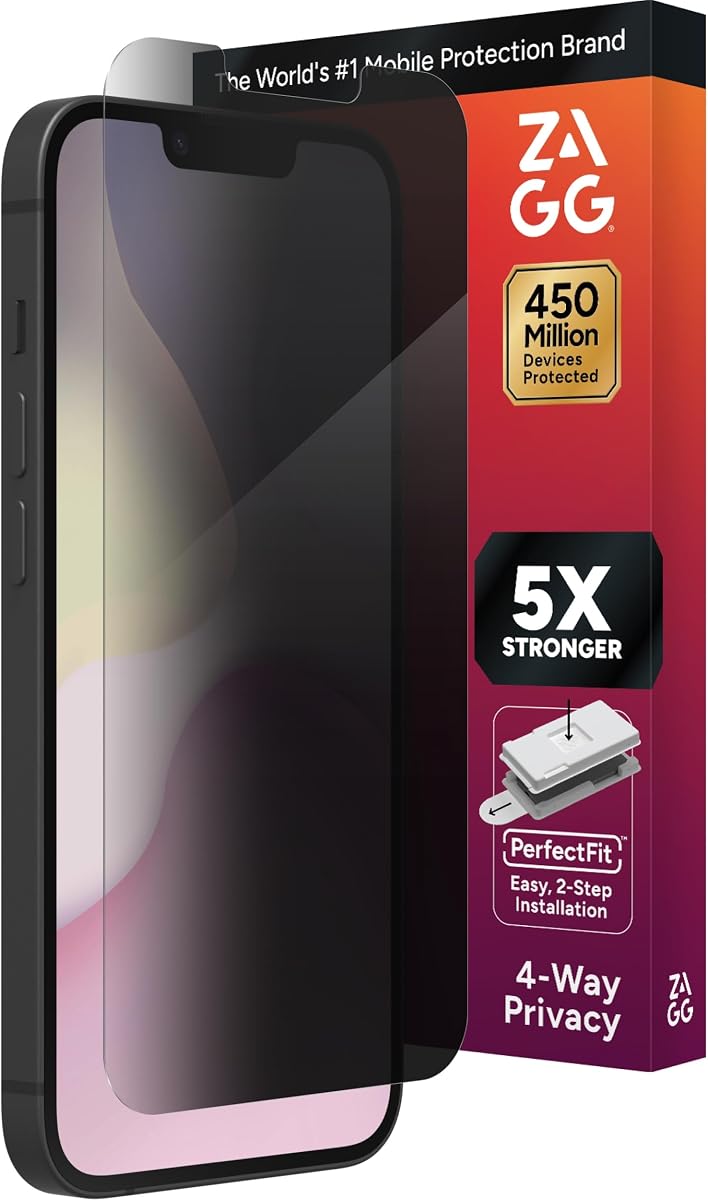 ZAGG Privacy XTR Screen Protector for iPhone 17e/ 16e/ 14/13/ 13 Pro - 4-Way Privacy Full-Screen Filter, 5X Stronger, Fingerprint-Resistant Tempered Glass, Smooth Feel, Easy Two-Step Installation