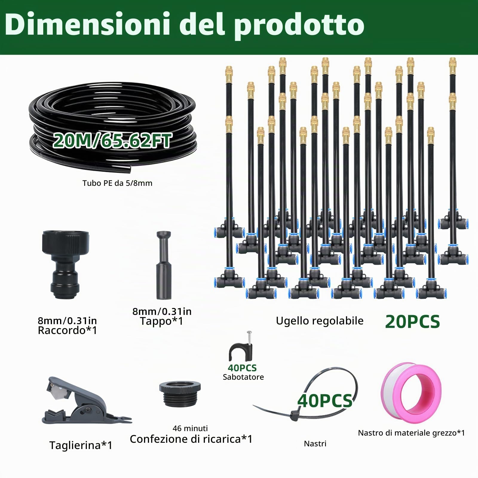 Acesome, sistema di irrigazione per giardino, sistema curvo a 360°, tubo di irrigazione, aiuola rialzata, prato, orto, fattoria (20 m con gioco da pavimento)