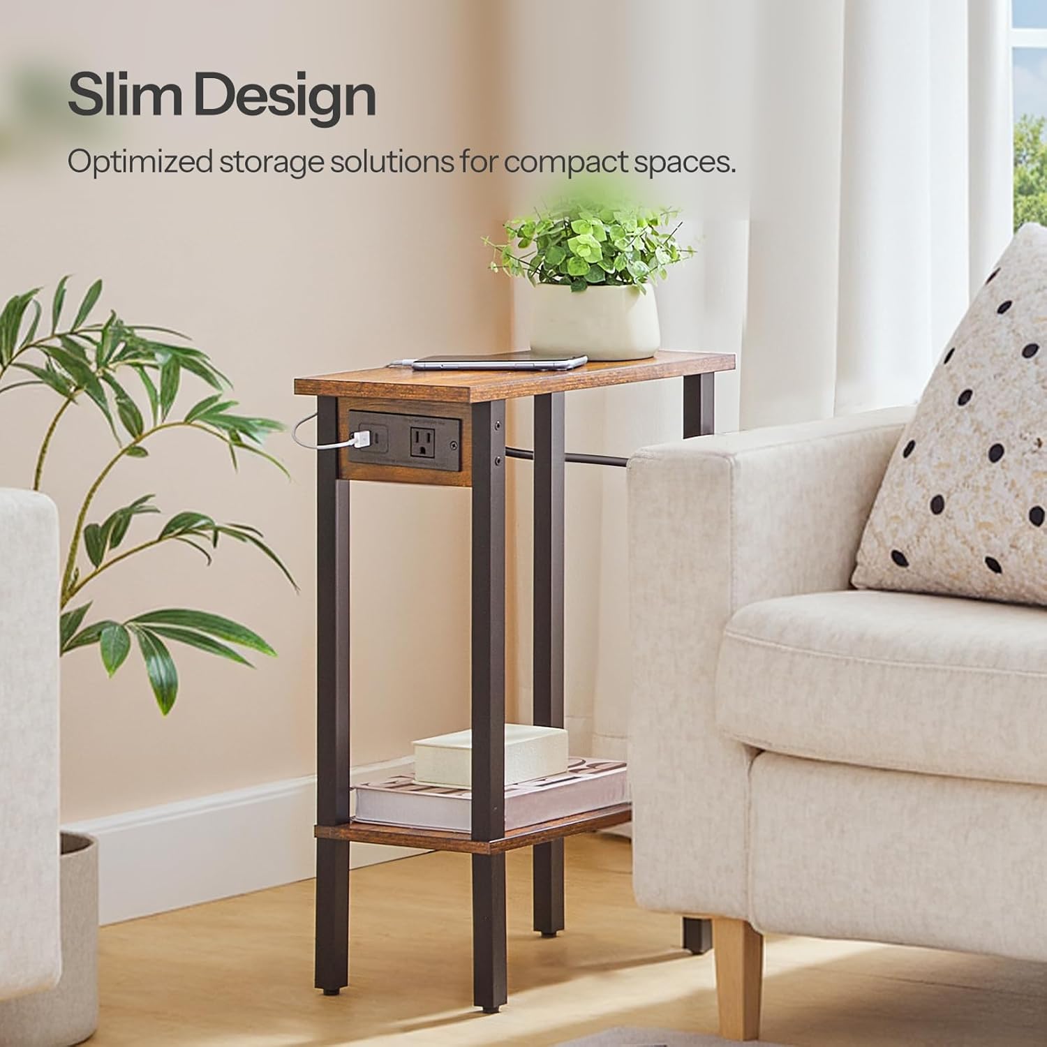 HOOBRO Narrow Side Tables, Set of 2, 2-Tier Slim End Tables with Charging Station, Skinny Nightstands with Open Storage, for Small Spaces, Living Room, Bedroom, Rustic Brown and Black BF240UBZP201