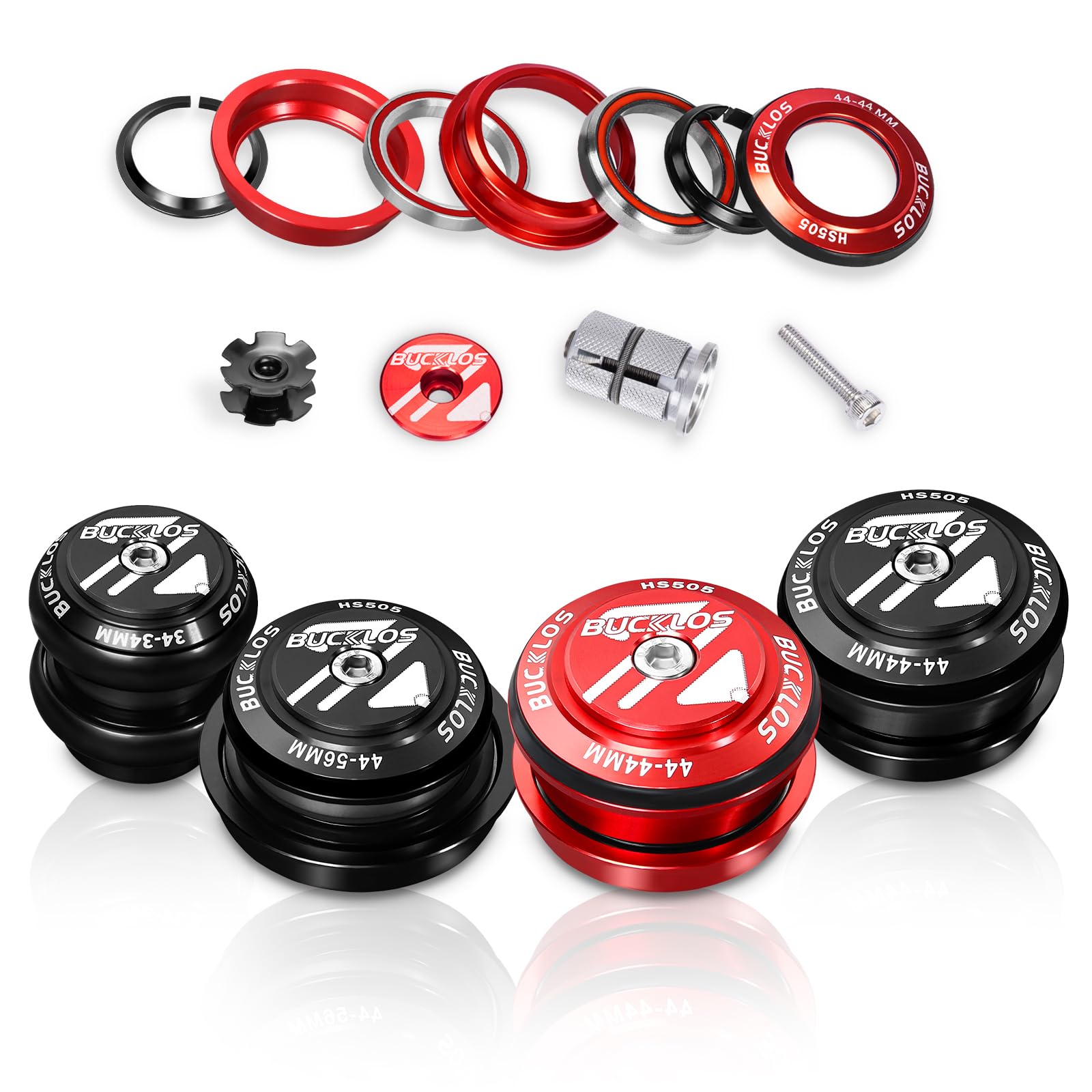 1-1/8 Bike Headset MTB Threadless 34 44 44-56 mm, Straight Tapered Tube Mountain Bikes Road Bicycle Double Sealed Bearings Headsets, for Frame Fork Expander Plug Star Nut