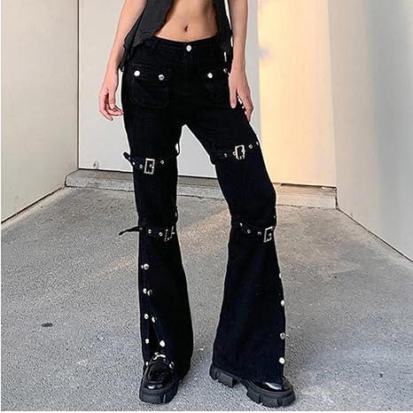 Women Gothic Cargo Jeans Y2k High Waist Straight Leg Baggy Denim 