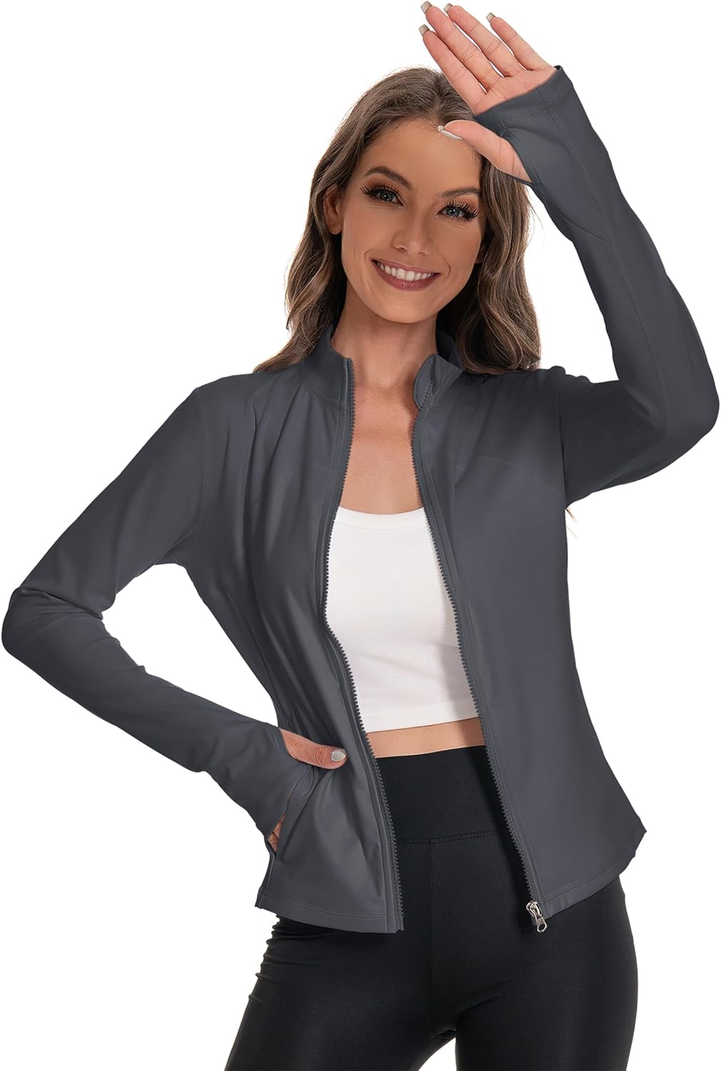 Women's Athletic Full Zip Lightweight Workout Jacket，Outdoor Slim Fit Yoga Jackets with Pockets Thumb Holes - Image 3