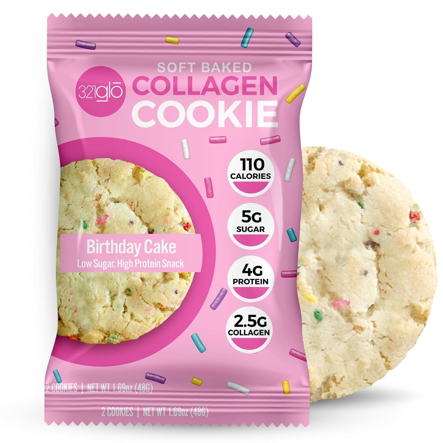 321glō Biscoitos de colágeno com proteína, sabor Birthday Cake, 12 unidades
