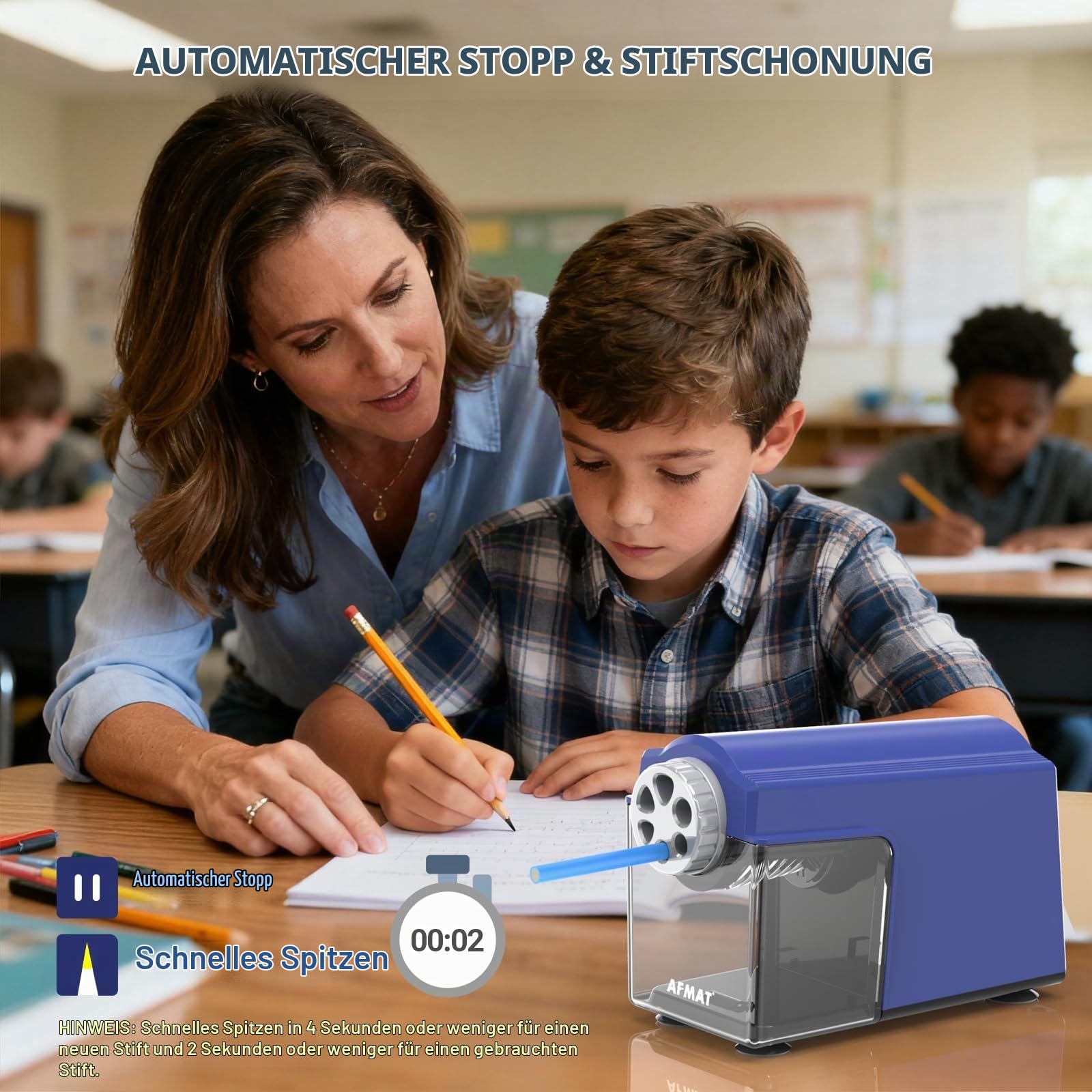 AFMAT Elektrischer Anspitzer mit Behälter, 6 Löcher Große Spitzer mit Dose für 6-11mm Dicke und Dünne Stifte, Wiederaufladbar Robust Autostopp Bleistiftspitzer für Büro Schule Künstler,Blau PSD4