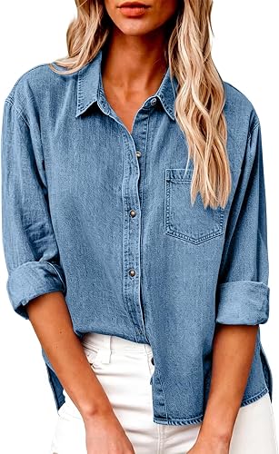Denim Button Up Shirt Women Solid Lightweight Oversized Trendy Long Sleeve Vinta