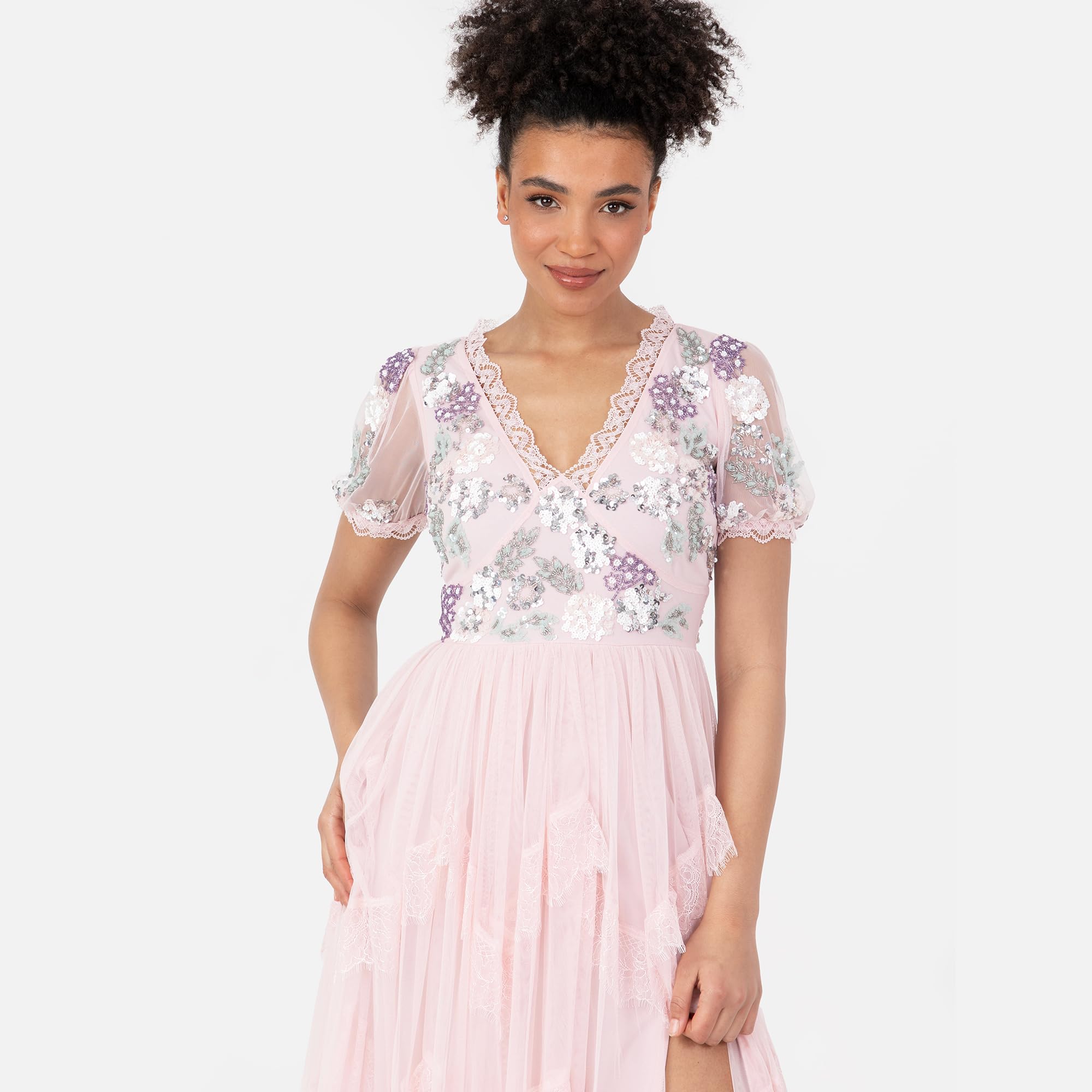Maya Deluxe Damska sukienka maxi z krótkim rękawem z dekoltem w serek, wybijana koronka, tiulowa, rozcięta, linia A, dla panny młodej, różowa, 40, Crystal Pink, 40