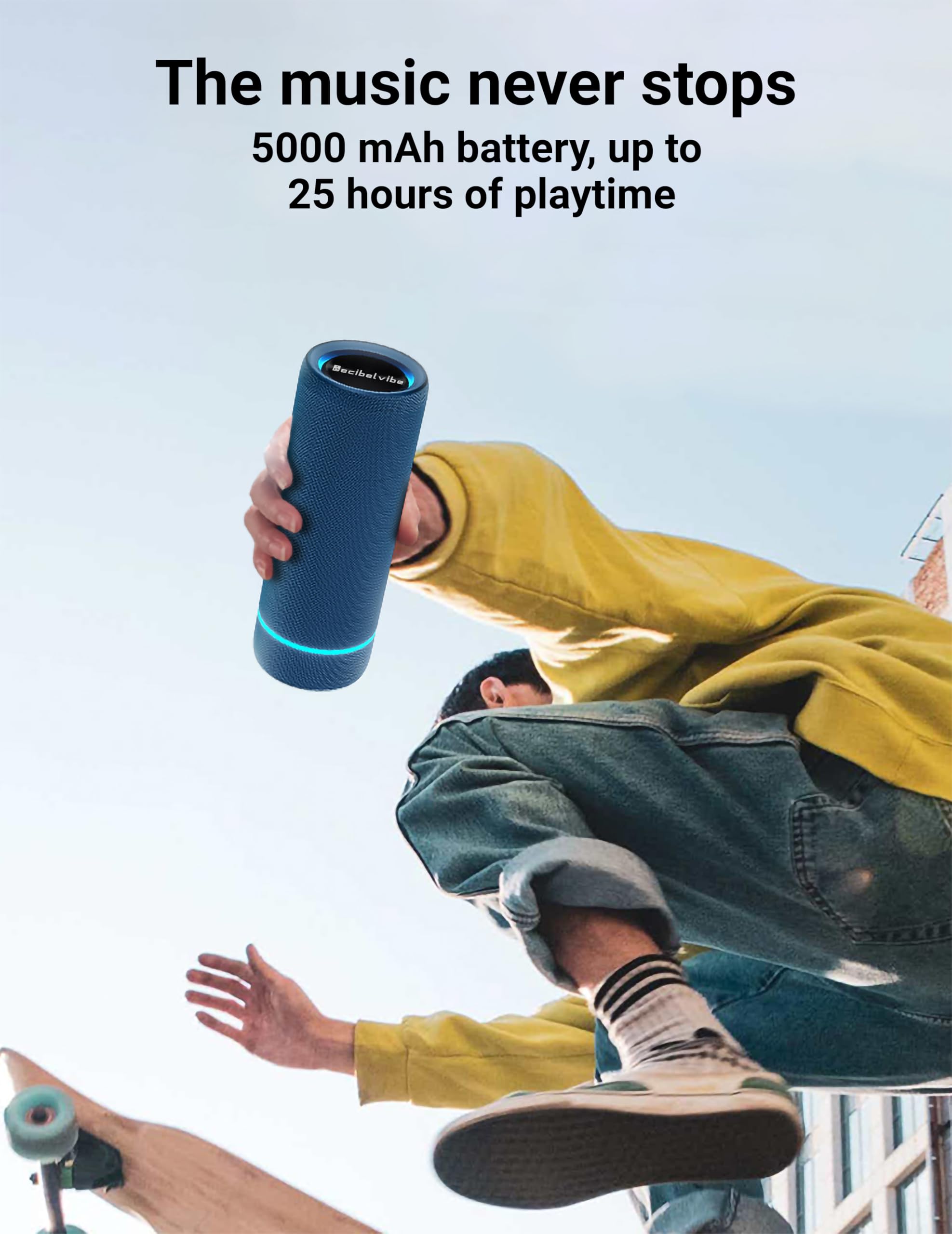 Decibelvibe Tnz Sleek 8 przenośny głośnik Bluetooth, wodoodporny głośnik IP66 o mocy 30 W, głęboki bas, Bluetooth 5.3, czas odtwarzania 25 godzin, parowanie TWS, światła RGB, do domu, na zewnątrz,