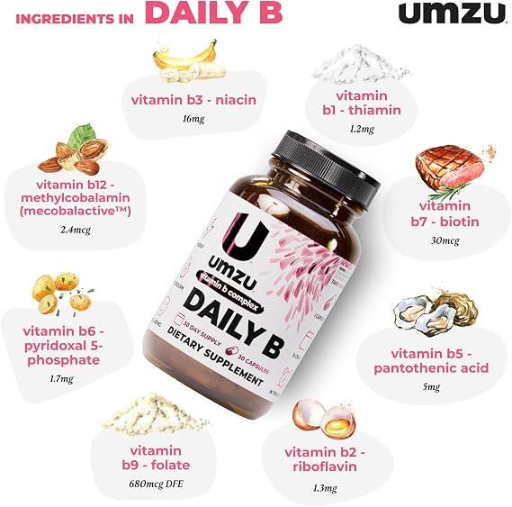 UMZU Daily B، 30 Day Supply Complete Vitamin B Complex Supplement مزيج مع B1 وB2 وB3 وB5 وB6 وB7 وB9 وB12 بالإضافة إلى حمض الفوليك والبيوتين يدعم الطاقة والتركيز والمزاج والتمثيل الغذائي والعافية العامة