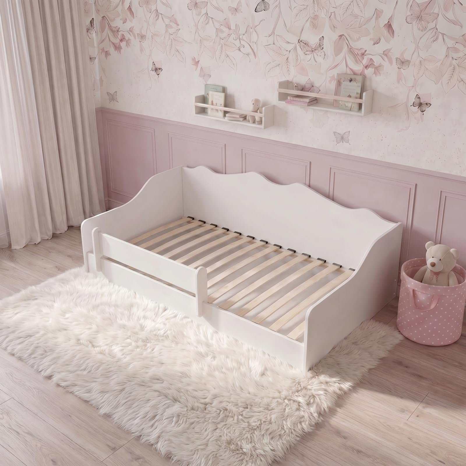 KOBI Montessori Bett, 140 x 70 cm, Weiß, ohne Matratze, sicheres Bett mit Schutzbarriere, elegant und bequem für das Kinderzimmer