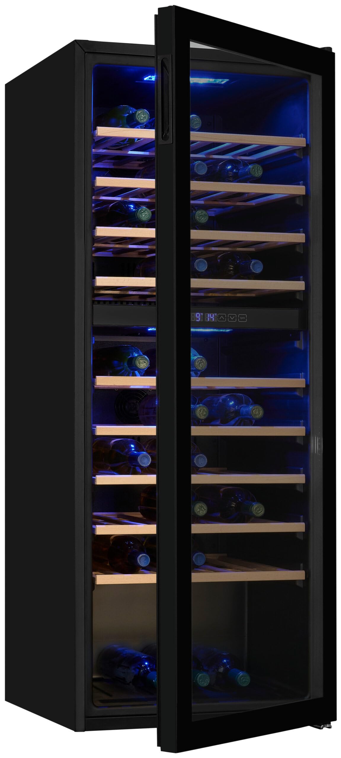 Exquisit® Vinoteca para 78 Botellas, 194L, Negro, Clase G, Doble Zona de Temperatura 5-20°C, Control Digital, Puerta de Cristal Reversible, Iluminación LED, 9 Estantes, Medidas (128,5 x 49 x 57,5 cm)