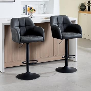 Swivel Bar Stools Set of 2, Faux Leather Counter Stools with Armrest, Adjustable Counter Height Bar Chairs, Upholstered Bar Stools for Kitchen/Dining Room/Cafe, Dark Grey