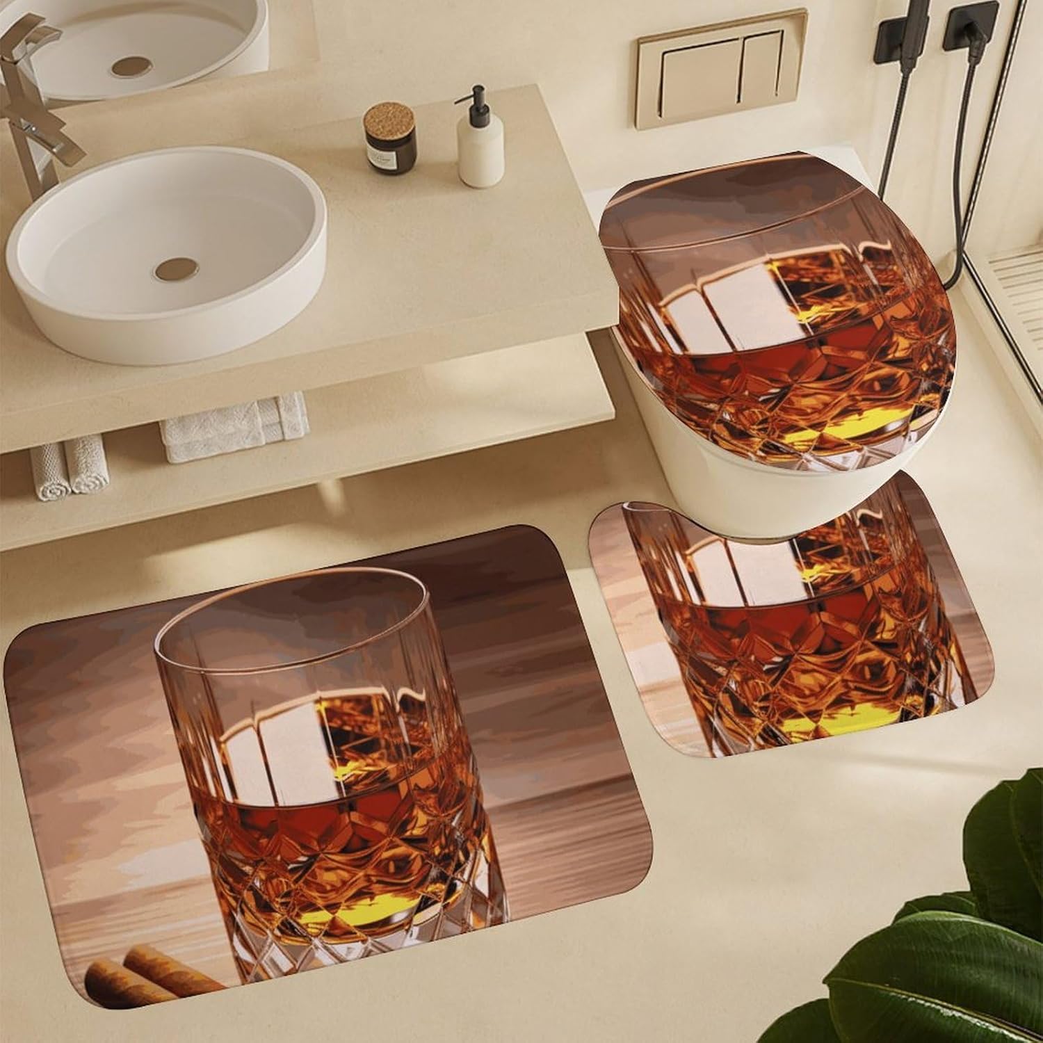 Brown Liquor in Cup Shower Curtain Set 4 Piece, Non-Slip Bath Mat with Toilet Lid Cover and Waterproof Shower Curtain with 12 Hooks, Complete Bathroom Set for Home Decor