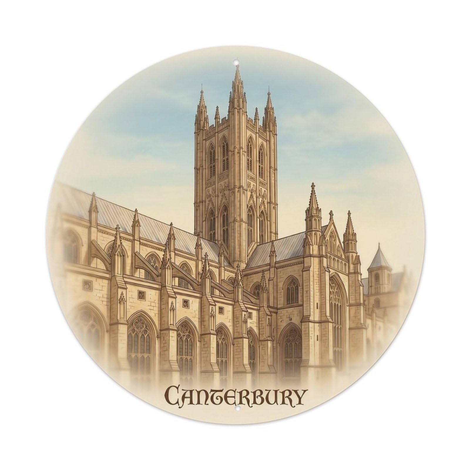 Canterbury Cathedral Gothic Cityscape Vintage Travel Landmark Metal Tin Sign Plaque Wall Decor for Cafe, Man Cave, Club Bar, Office, Home Garden Round Metal Poster 8x8Inch