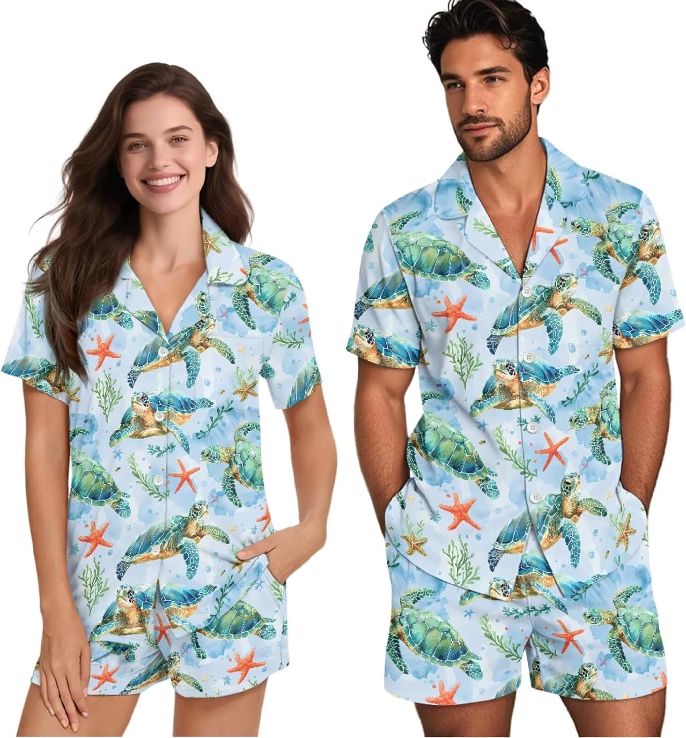 His and Hers Matching Pajamas Set Short Sleeve Button Down Up Loungewear Pjs Set for Couples