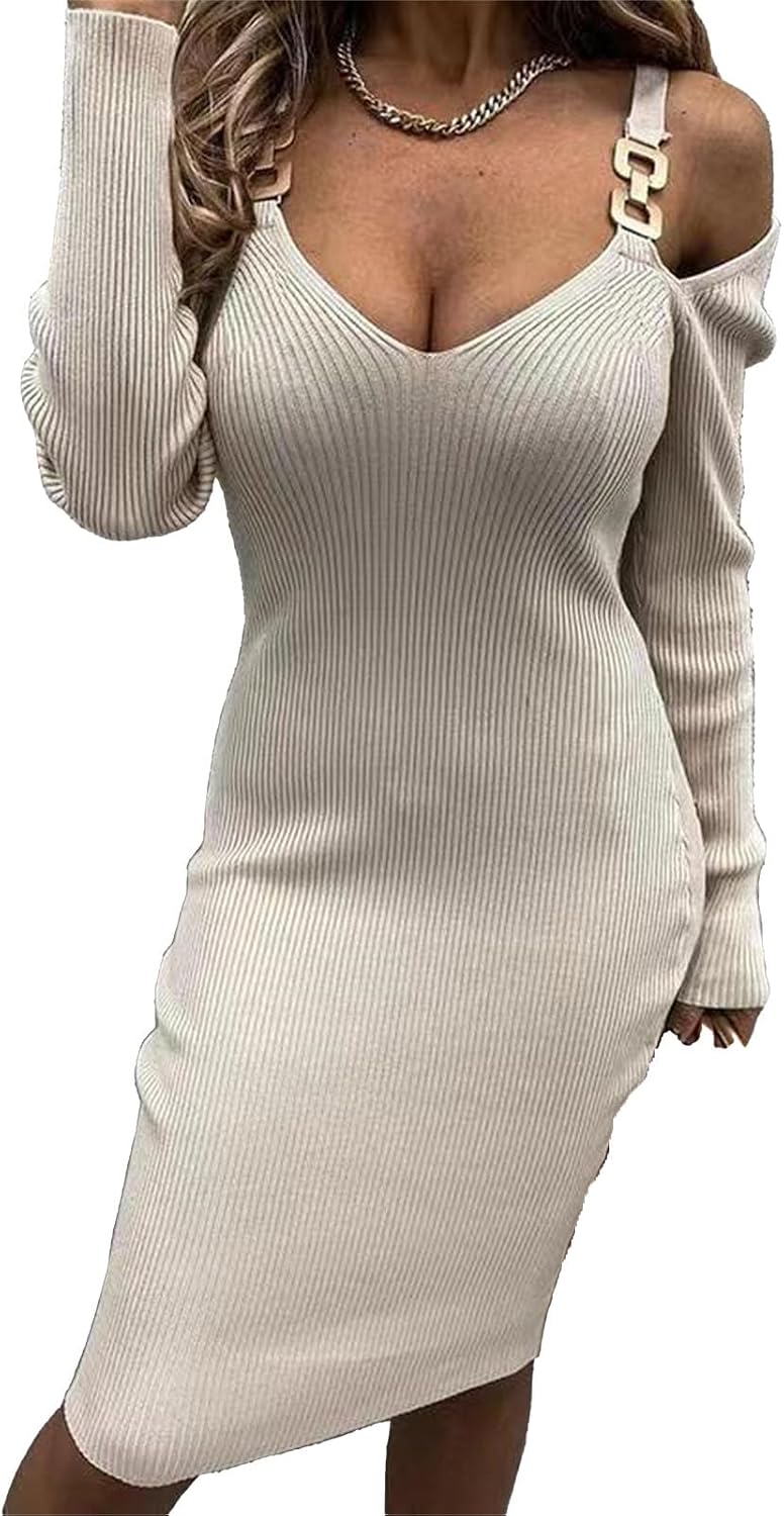 Women's Long Sleeve Wrap V Neck Dress Pullover Bodycon Sweater Dress Lightweight Ribbed Knit Slim Fit Knit Midi Dress