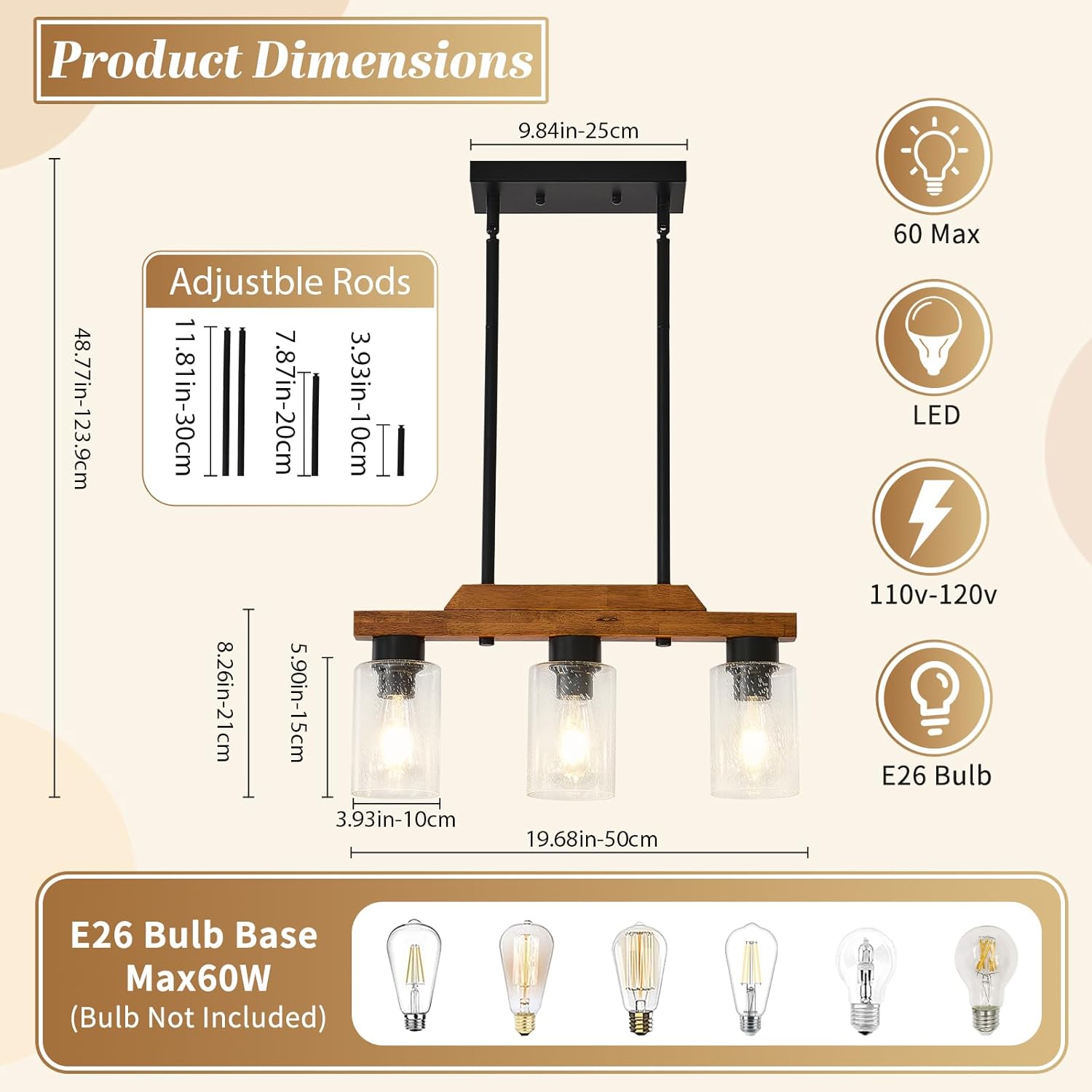 Modern Wood Glass Chandelier 3 Light Rustic Farmhouse Chandeliers Wood Island Linear Pendant Light Height Adjustable for Dining Room Living Room Kitchen (3 Light)