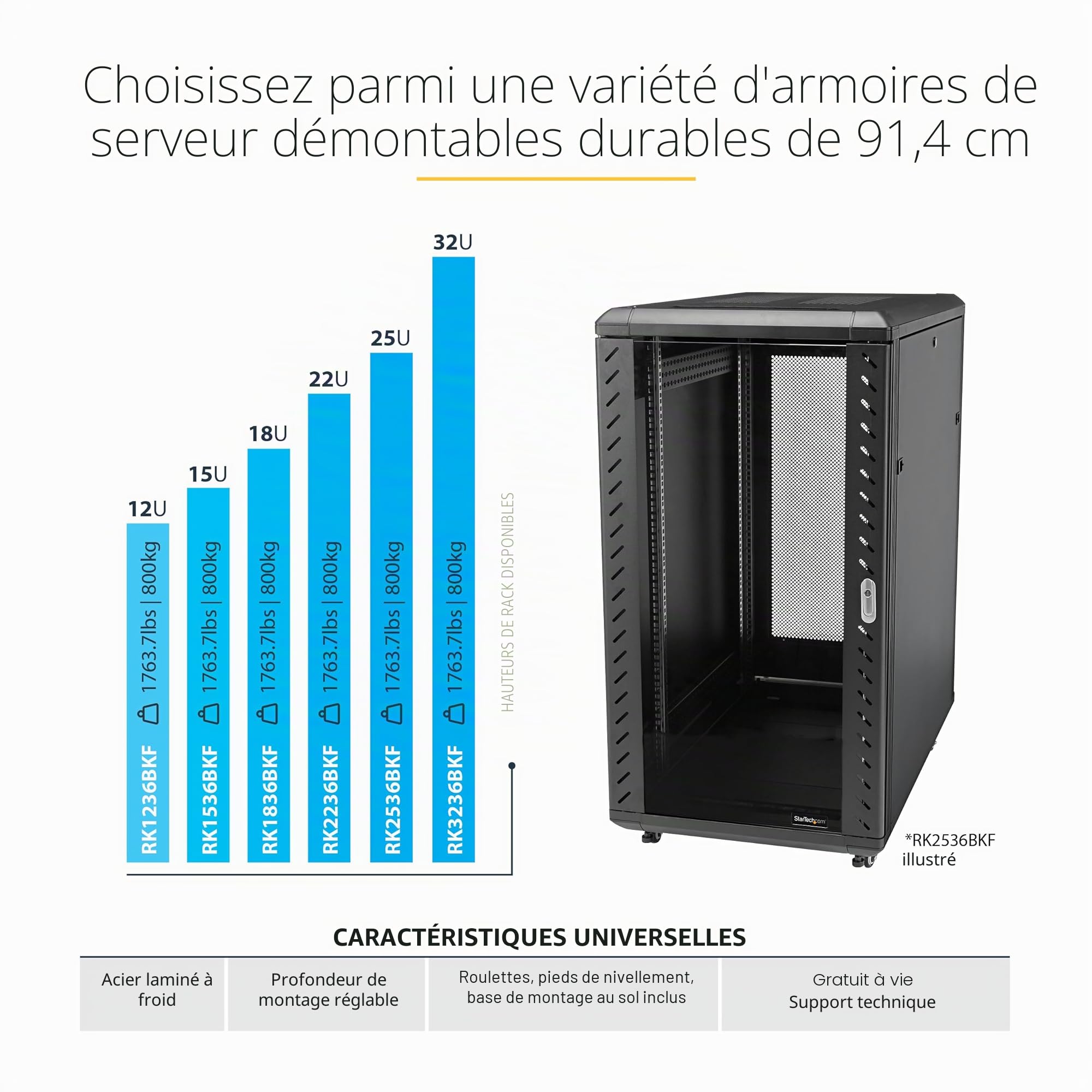 StarTech Armoire Serveur 32U 4 Montants 19", Prof 83cm, 800kg (RK3236BKF) | Rack fermé, Coffret informatique, Compatible EIA/ECA-310-E, Roulettes incluses