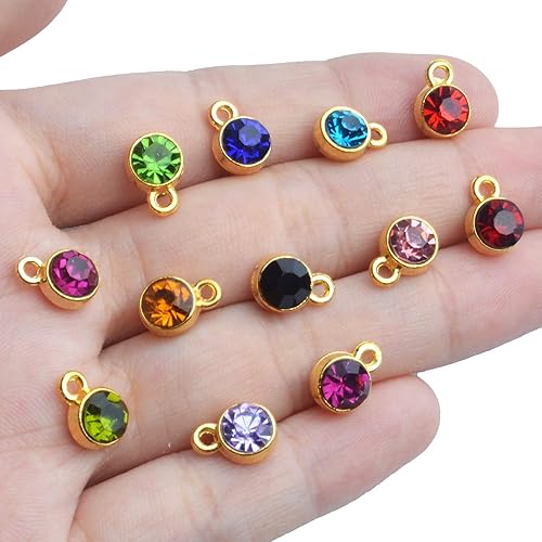 Miniatura 7 de Aylifu Dijes de piedra natal de cristal, 48 piezas de dijes de piedra natal de cristal, cuentas redondas con anillos, dije de cristal hecho a mano