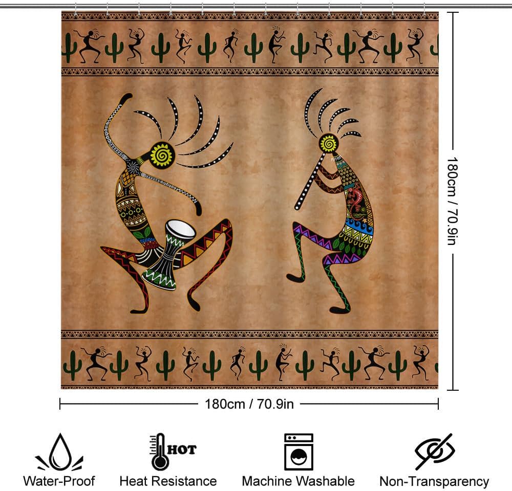 Southwestern Theme 70" Shower Curtain Set Kokopelli Ethnic Tribal Bathroom Set 4 Pcs Native American Rugs Vintage Music Harvest Toilet Lid Cover Bath Mat A09294