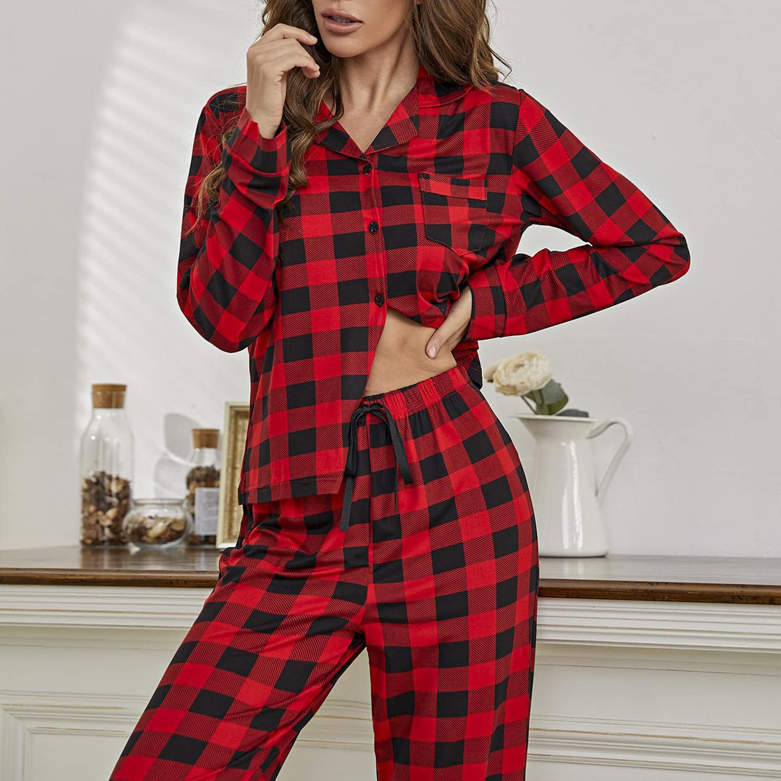 Siatka Loungewear damskie zestawy piżam z długim rękawem, bielizna nocna, miękkie zestawy piżamowe, ultramiękkie, wygodne, dwuczęściowe, czerwone, S (60 kg/165 cm)