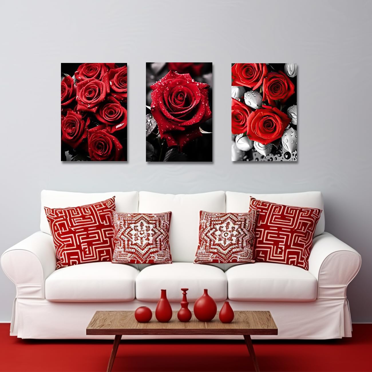 CXHOSTENT Red Rose Canvas Wall Art 3PCS Red Floral Paintings Prints Abstract Rose Flowers Picture for Kitchen Home Decor Frame - Image 2