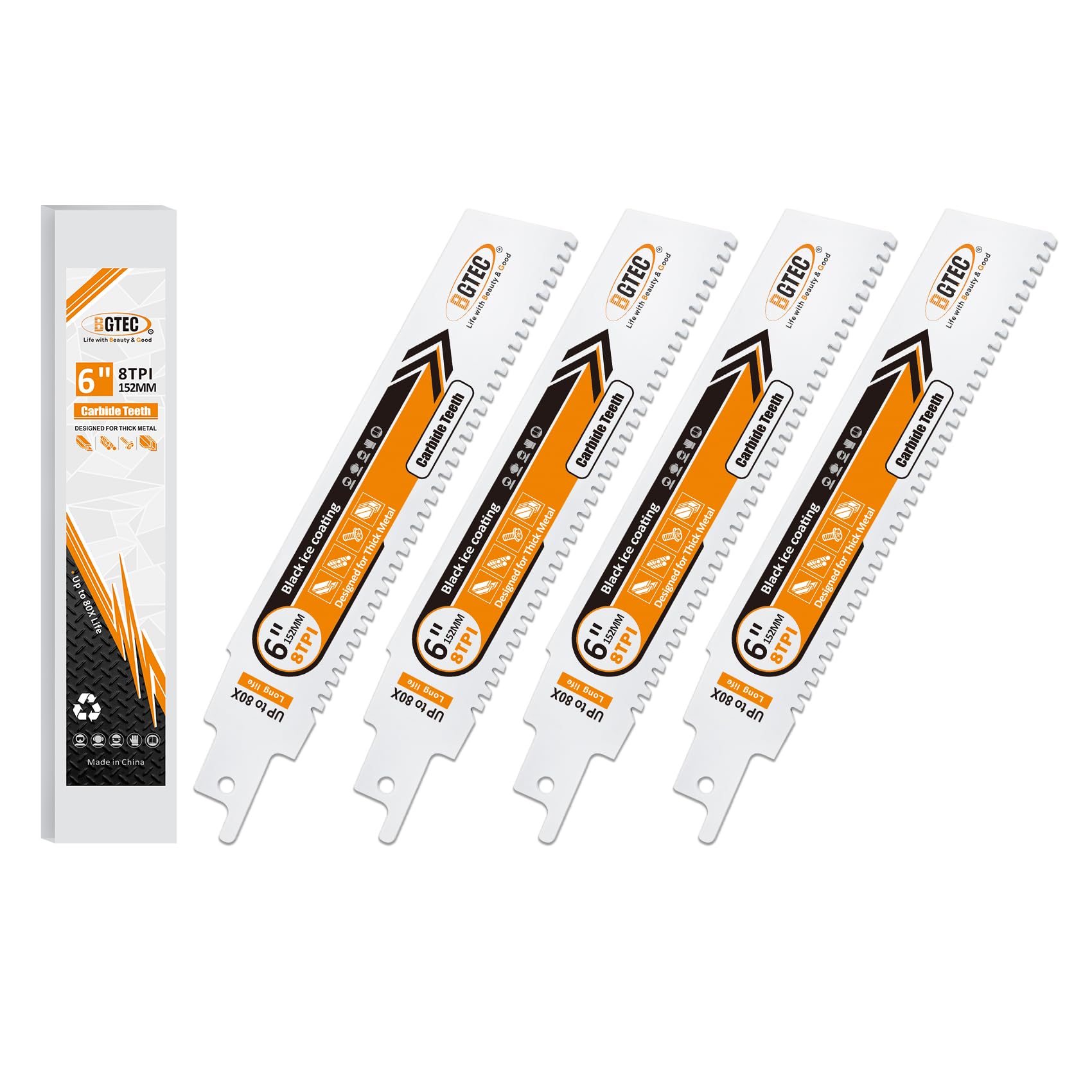 BGTEC Carbide Reciprocating Saw Blade for Hard Metal Alloy Steel, Reinforcing Bars and Angles 152MM 8TPI, 4-Pack