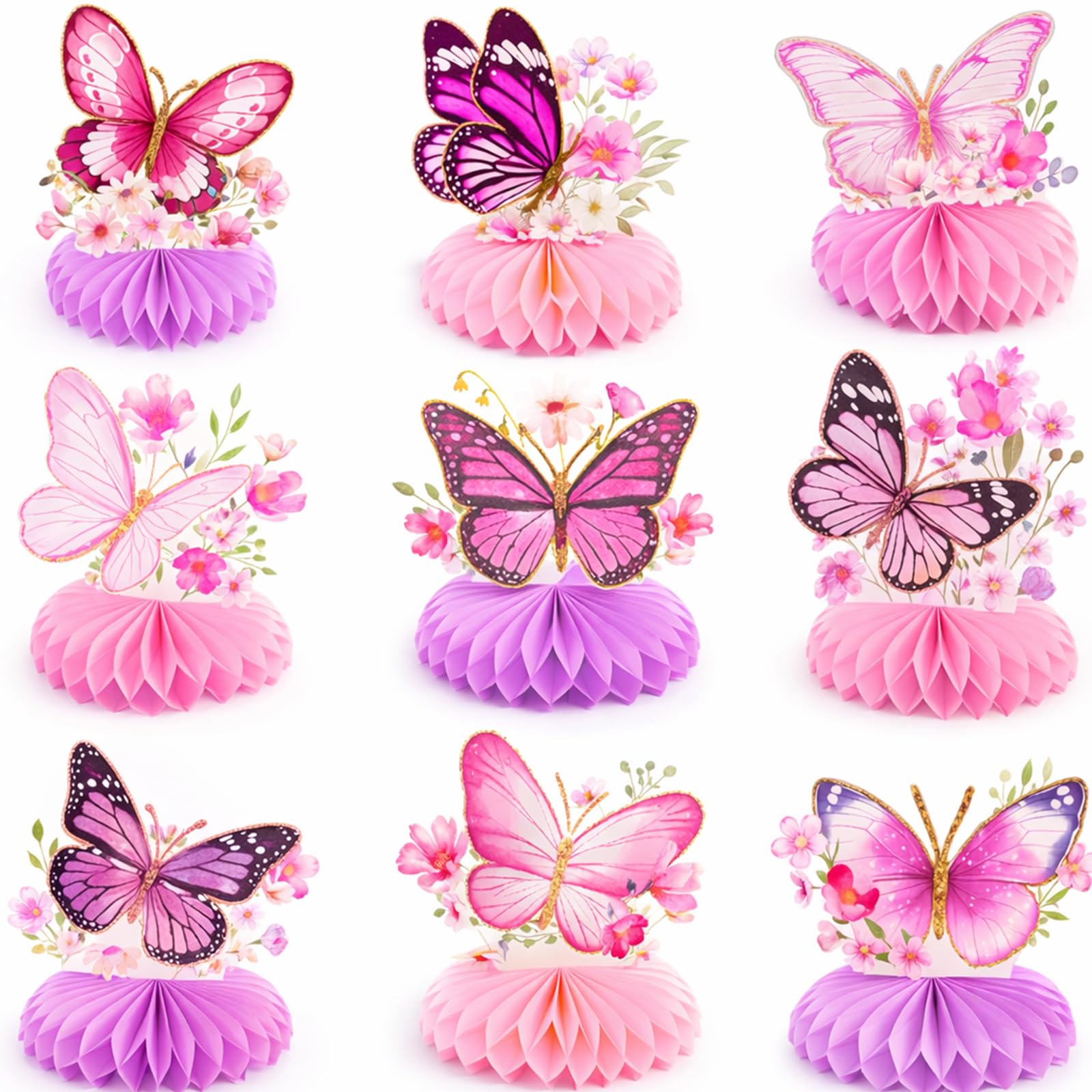 9 Pcs Butterfly Honeycomb Centerpieces, 3D Pink and Purple Butterfly Table Decorations with Floral Designs for Girls Birthday Parties, Baby Showers,