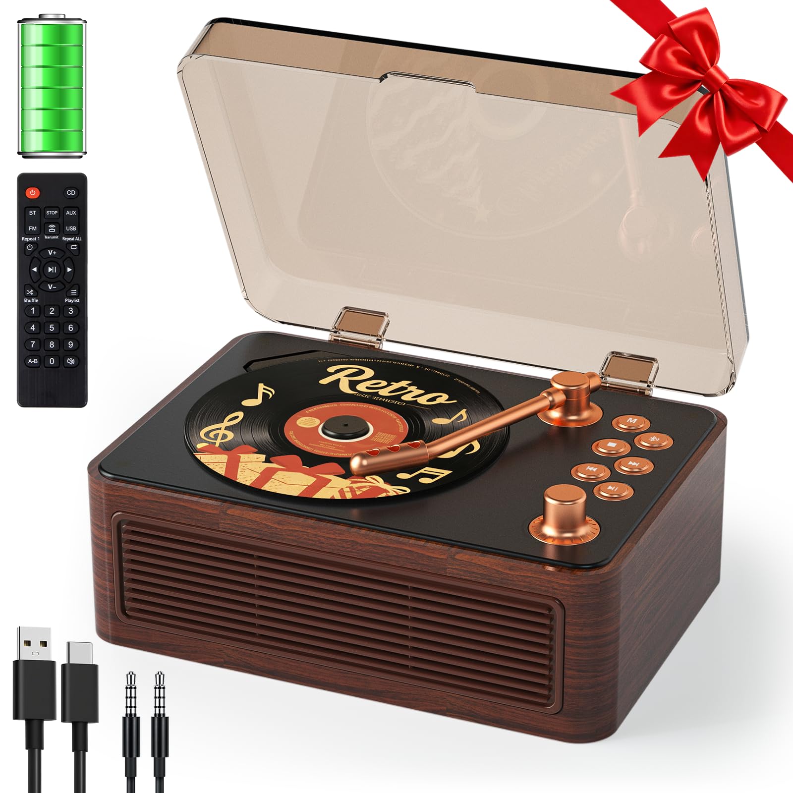 Gueray Tragbarer CD Player Bluetooth CD-Player mit Lautsprecher & Radio & Fernbedienung Unterstützt USB/AUX Wiedergabe Kopfhöreranschluss Walnussholz