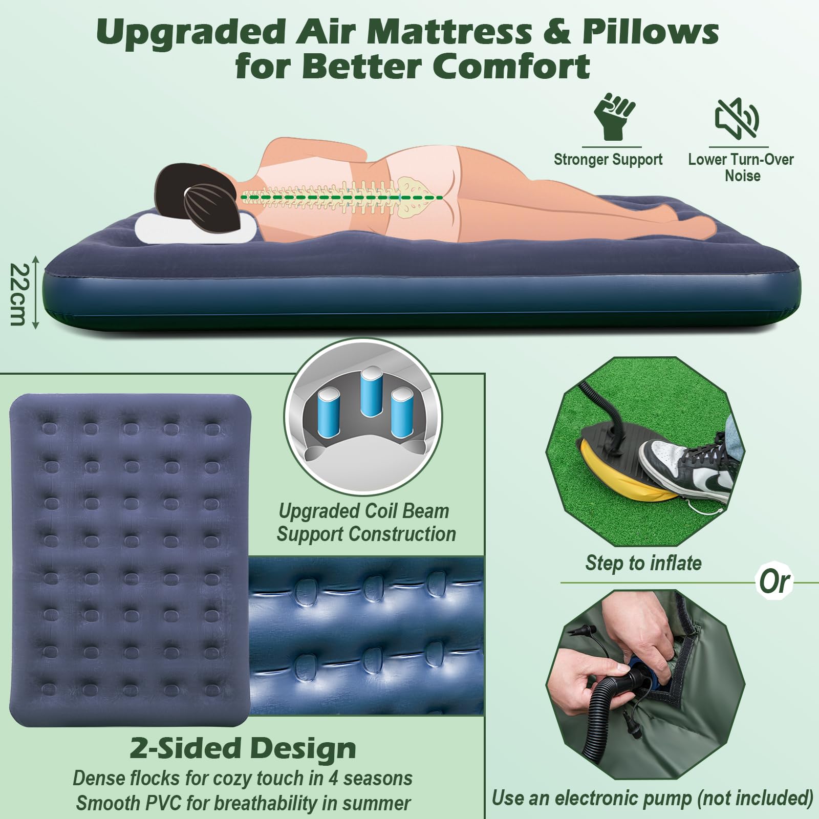 FANTASK Campingzelt für 2 Personen, 5 in 1 Feldbett mit Zelt, Luftmatratze, Kissen & Rolltasche, Kuppelzelt für Wandern, Picknick