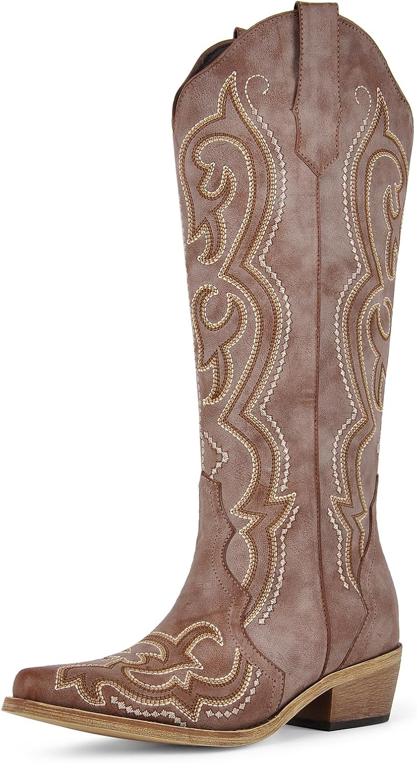 Cowboy Boots For Women Knee High Western Cowgirl Boots Snip Toe Side Zipper Chunky Heel