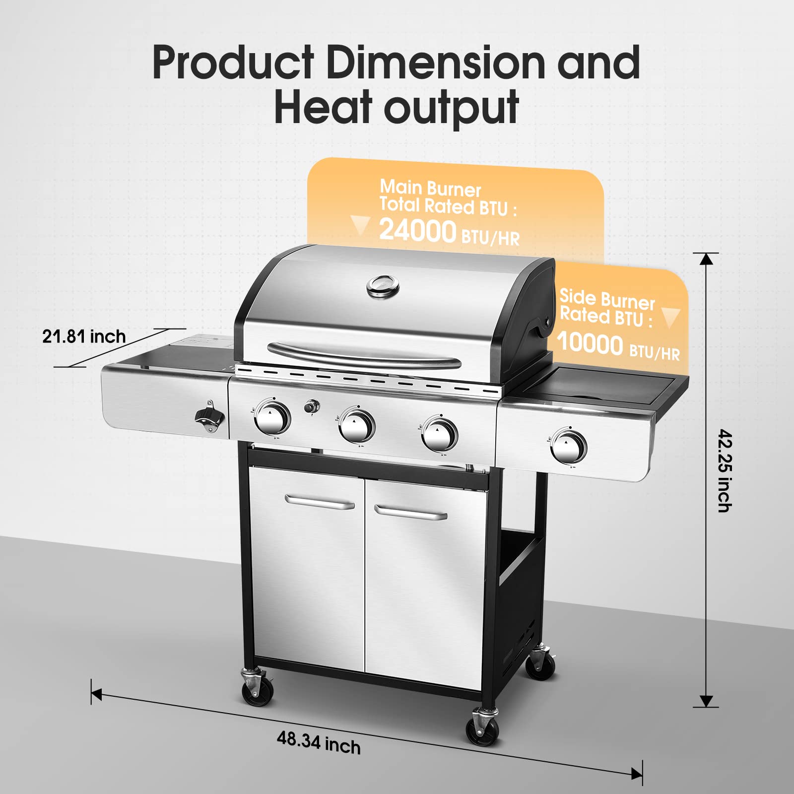 Rintuf 34000 BTU 3Burner Style Propane Gas Grill in Stainless