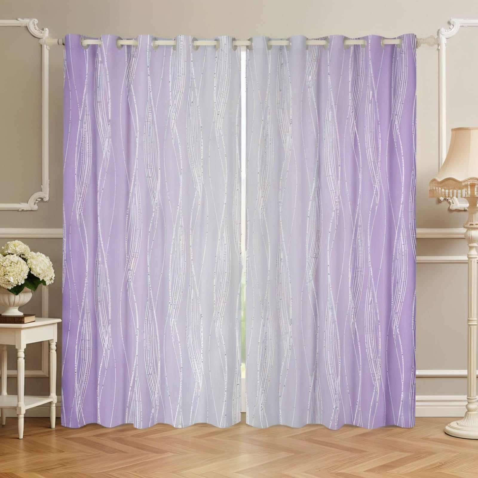 Homewish Lilac and Greyish White Window Curtains 66"Wx72"L - Abstract Lavender Ombre for Bedroom Living Room, Gradient Violet Drapes With Geometric Wavy Stripe Decor - 2 Panels