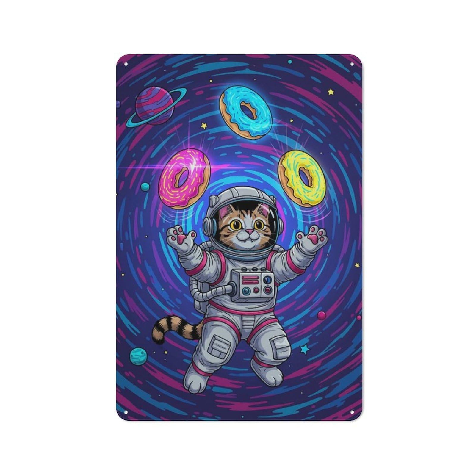 Junmoney Astronaut Cat Juggling Donuts In Space Workshop Style Tin Sign 30X20cm, Workshop Wall Decor For Tool Room, Garage, Studio Or Home Bar