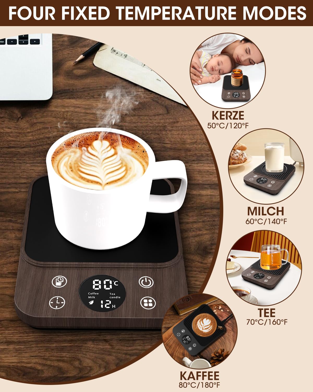 MYMULIKE Scaldatazze da caffè, Scaldatazze aggiornato, Scaldabevande elettrico 9 impostazioni di temperatura con 8 H spegnimento automatico, per scrivania, scalda bevande per cacao, venatura del legno