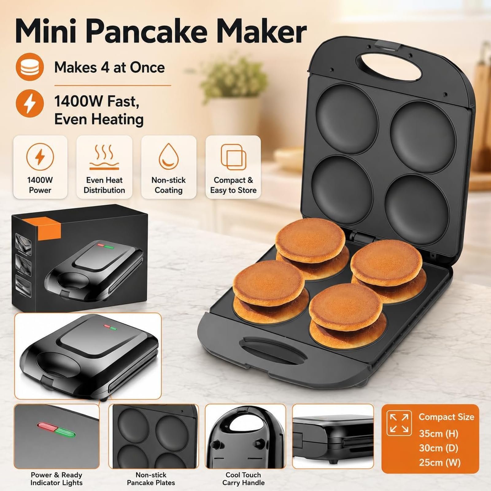 Mini pancake elettrico da 1400 W, antiaderente/crea 4 frittelle uniche, per cucinare muffin, uova fritte, hamburger, frittata