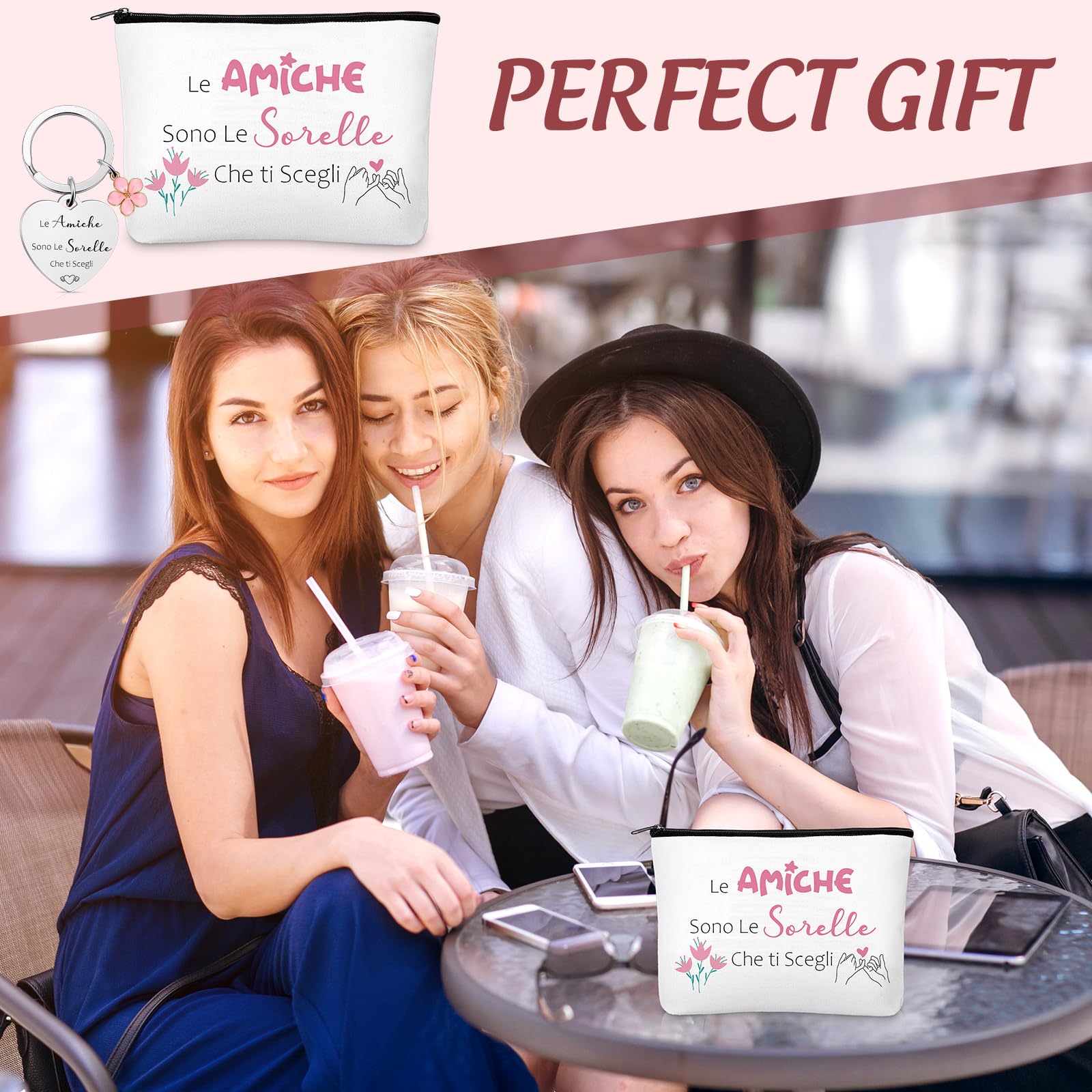 Weewooday Set Regalo per Migliore Amica e Sorella 1 Borsa per Cosmetici 1 Portachiavi dell'Amicizia con Ciondolo a Forma di Fiore Pochette per Trucchi Borsa Toilette Beauty Case per Compleanno