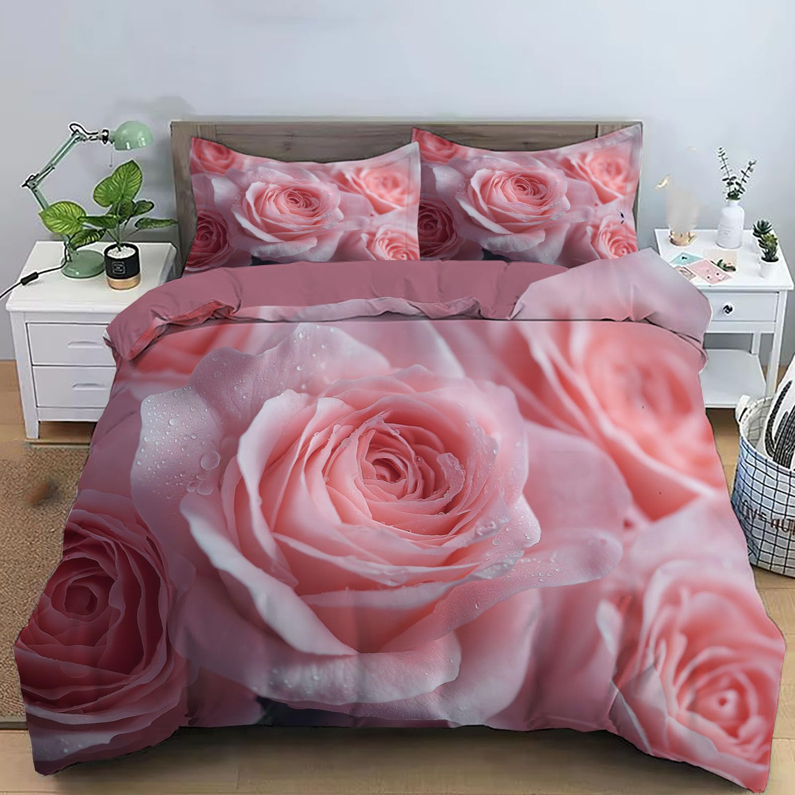 Parure de lit rose avec impression 3D fleurs haute définition grand lit adulte 240x260