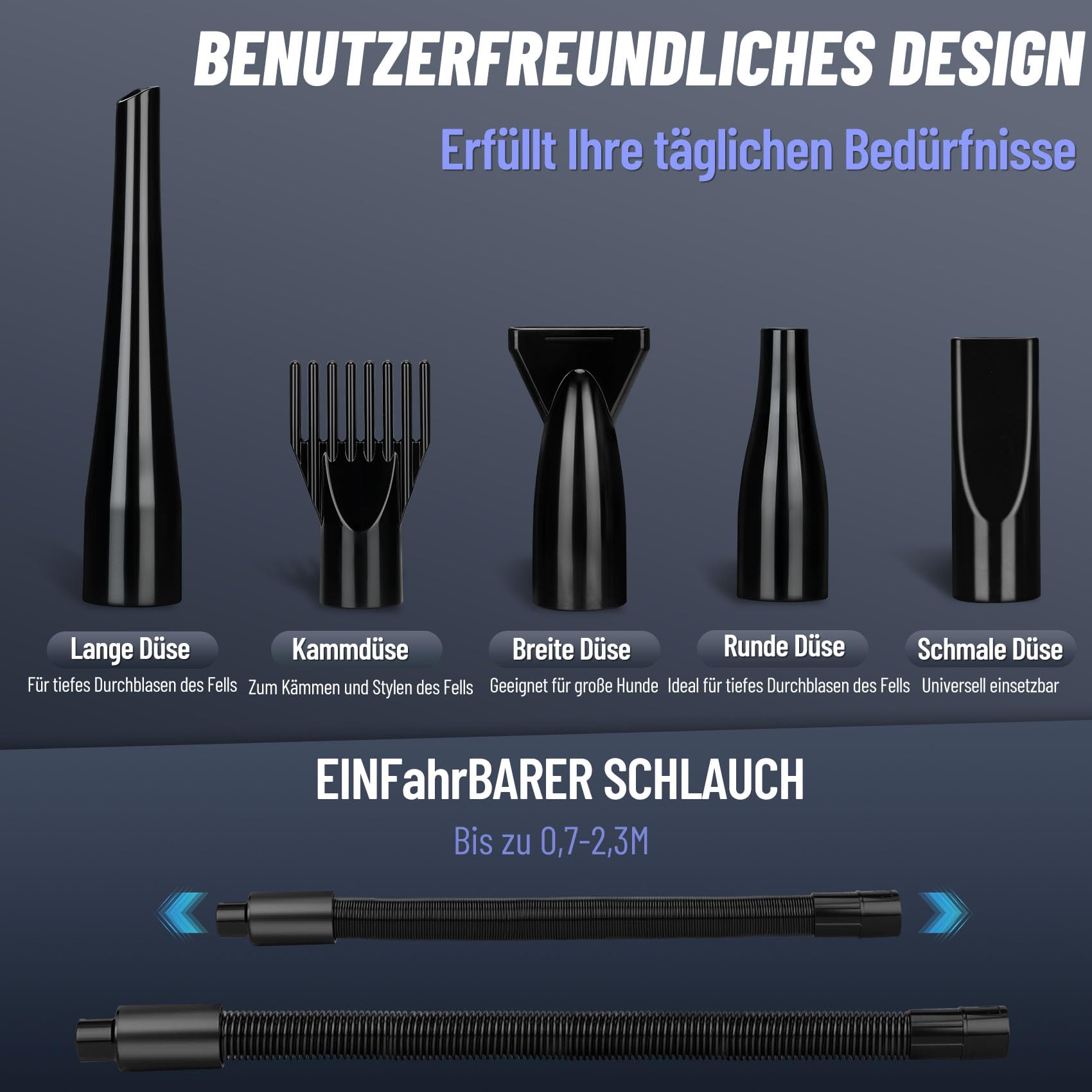 Hundefön 4,3PS/3200W mit 3 Temperaturstufen, stufenlos regelbarem Luftstrom und 5 Aufsätzen – Professioneller Hundetrockner für Haustierpflege