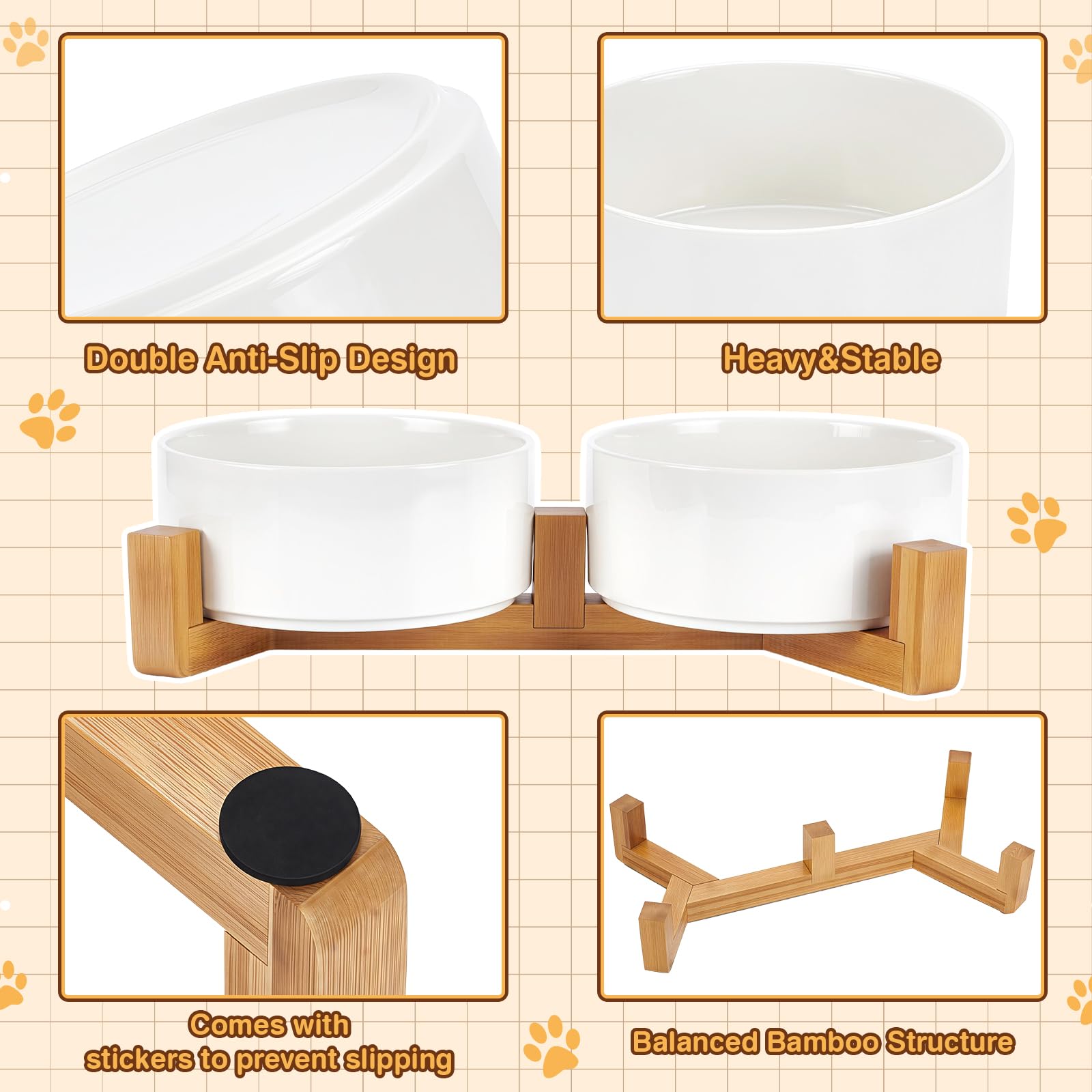 Ciotole per cani in ceramica con supporto in legno